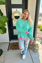 PREORDER: Larson Contrast Pullover in Green/Blue-Womens-Stay Foxy Boutique, Florissant, Missouri