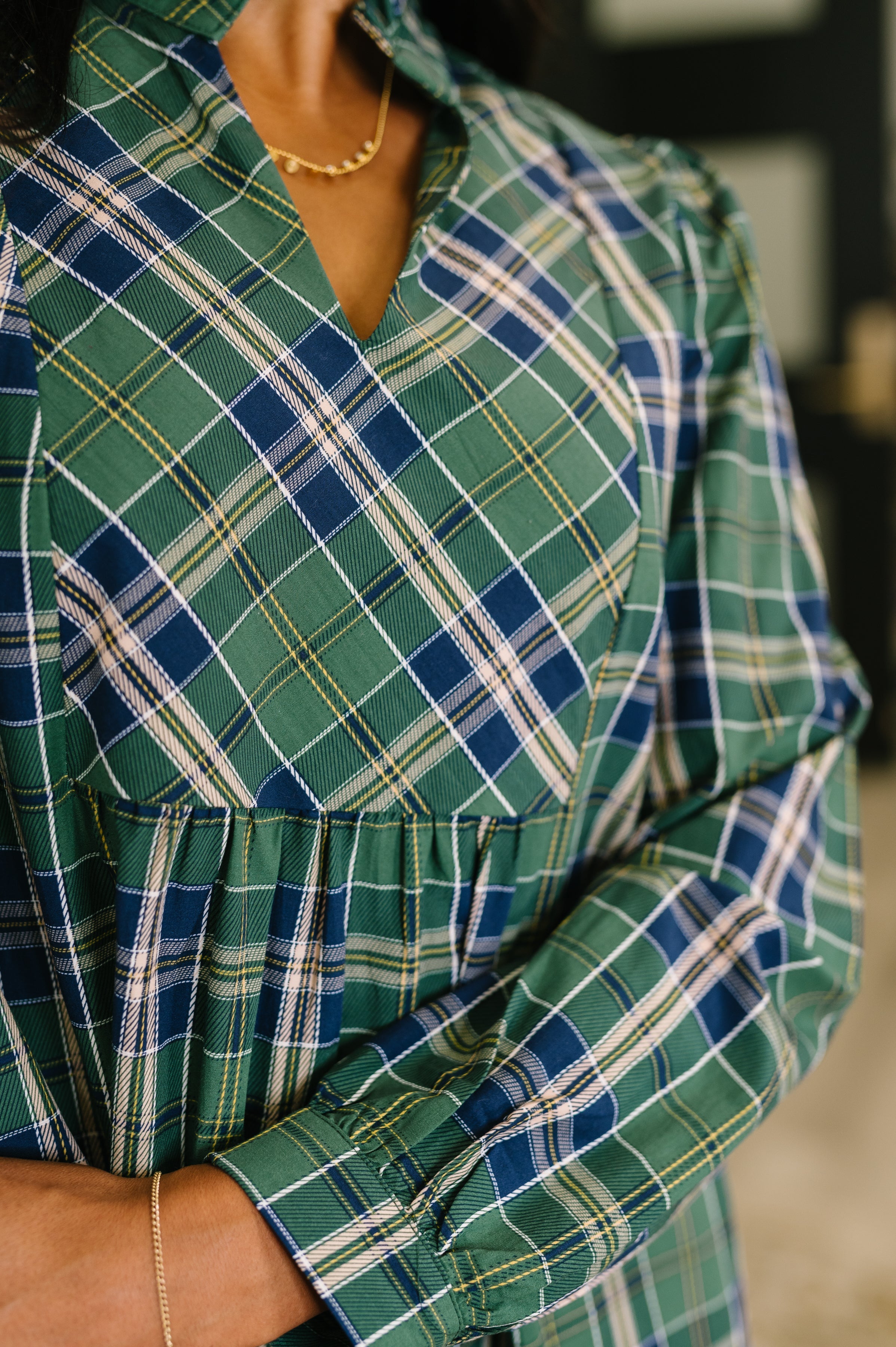 Plaid Perspective Split Neck Long Sleeve Dress-Womens-Stay Foxy Boutique, Florissant, Missouri