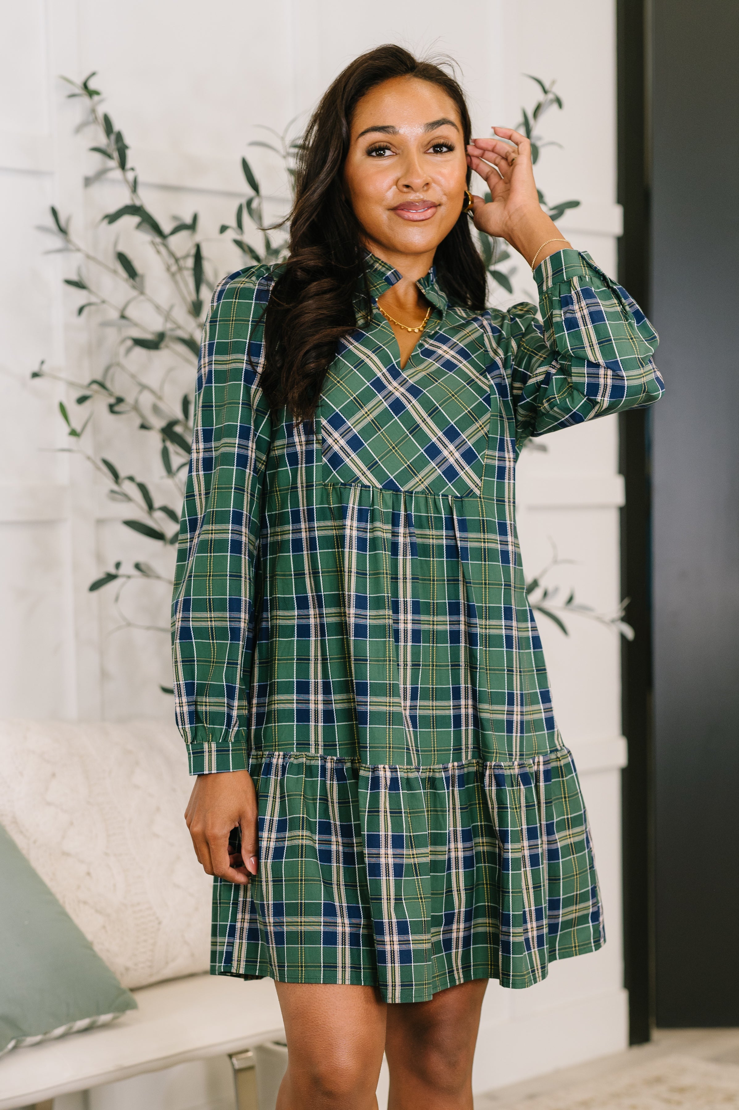 Plaid Perspective Split Neck Long Sleeve Dress-Womens-Stay Foxy Boutique, Florissant, Missouri
