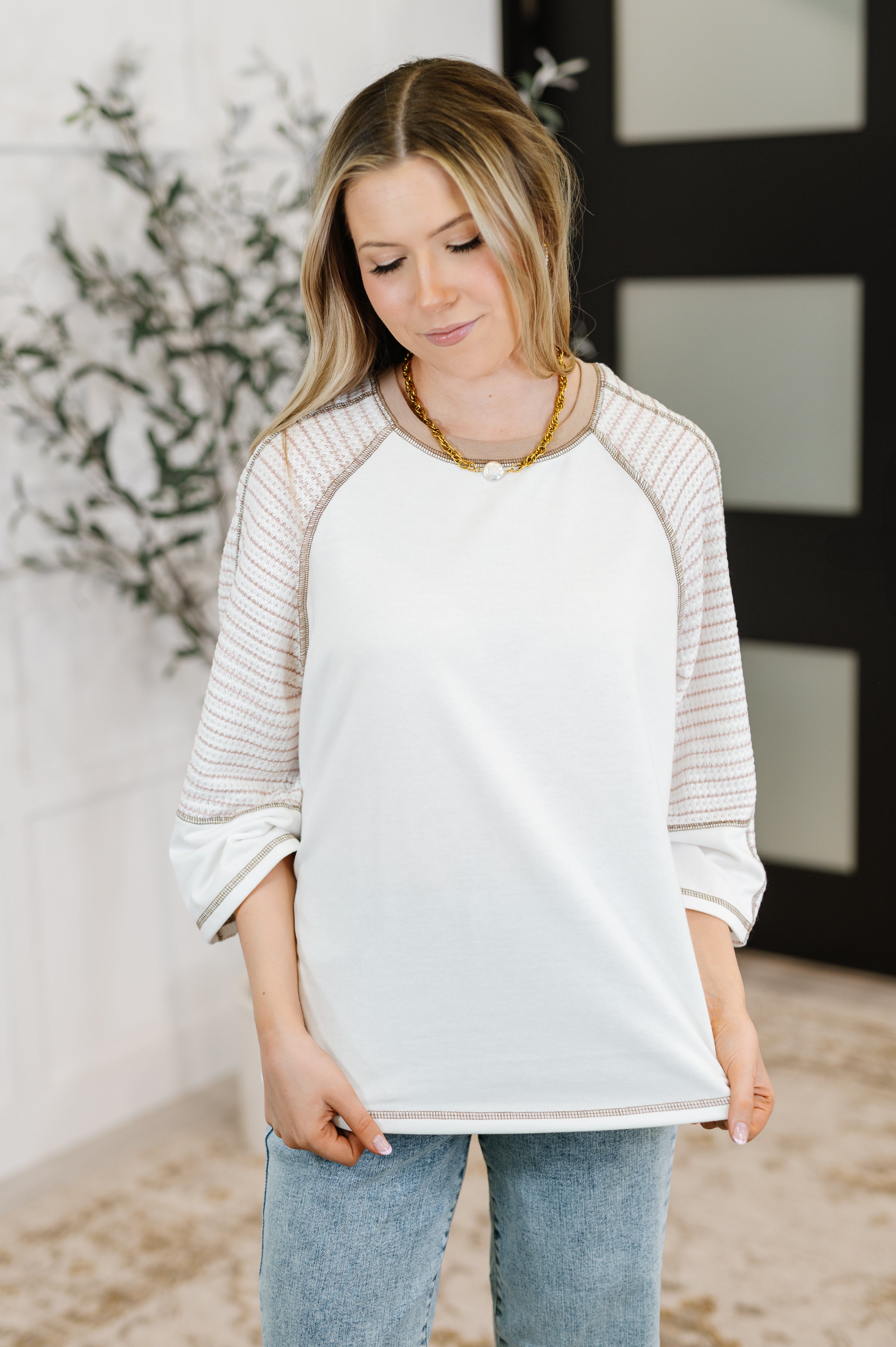 Preoccupied Striped Sleeve Top in Tan-Womens-Stay Foxy Boutique, Florissant, Missouri