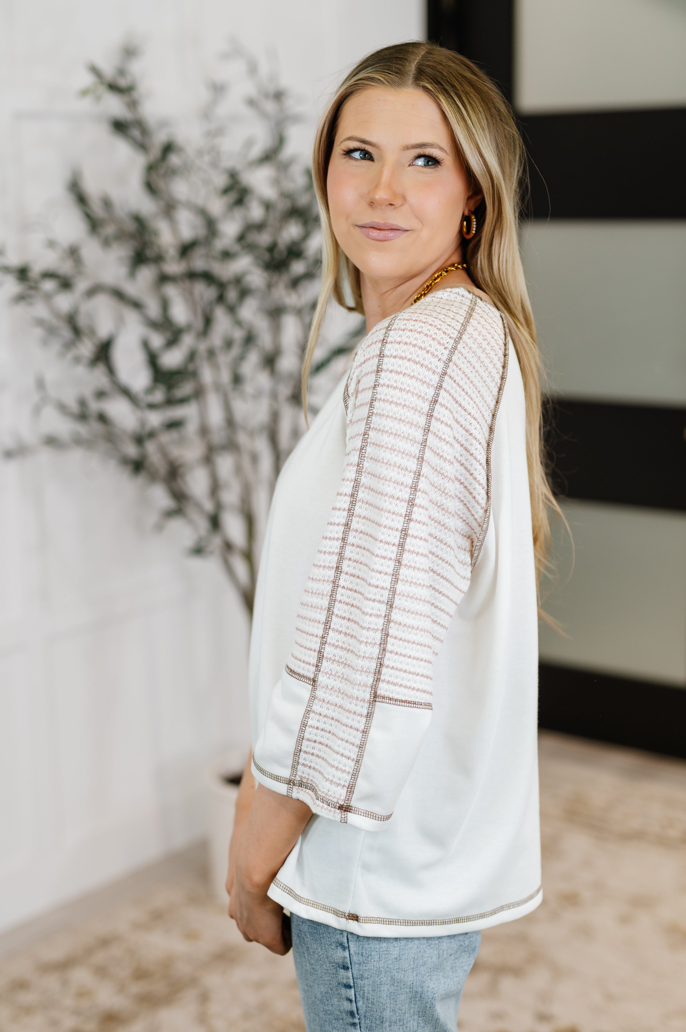 Preoccupied Striped Sleeve Top in Tan-Womens-Stay Foxy Boutique, Florissant, Missouri