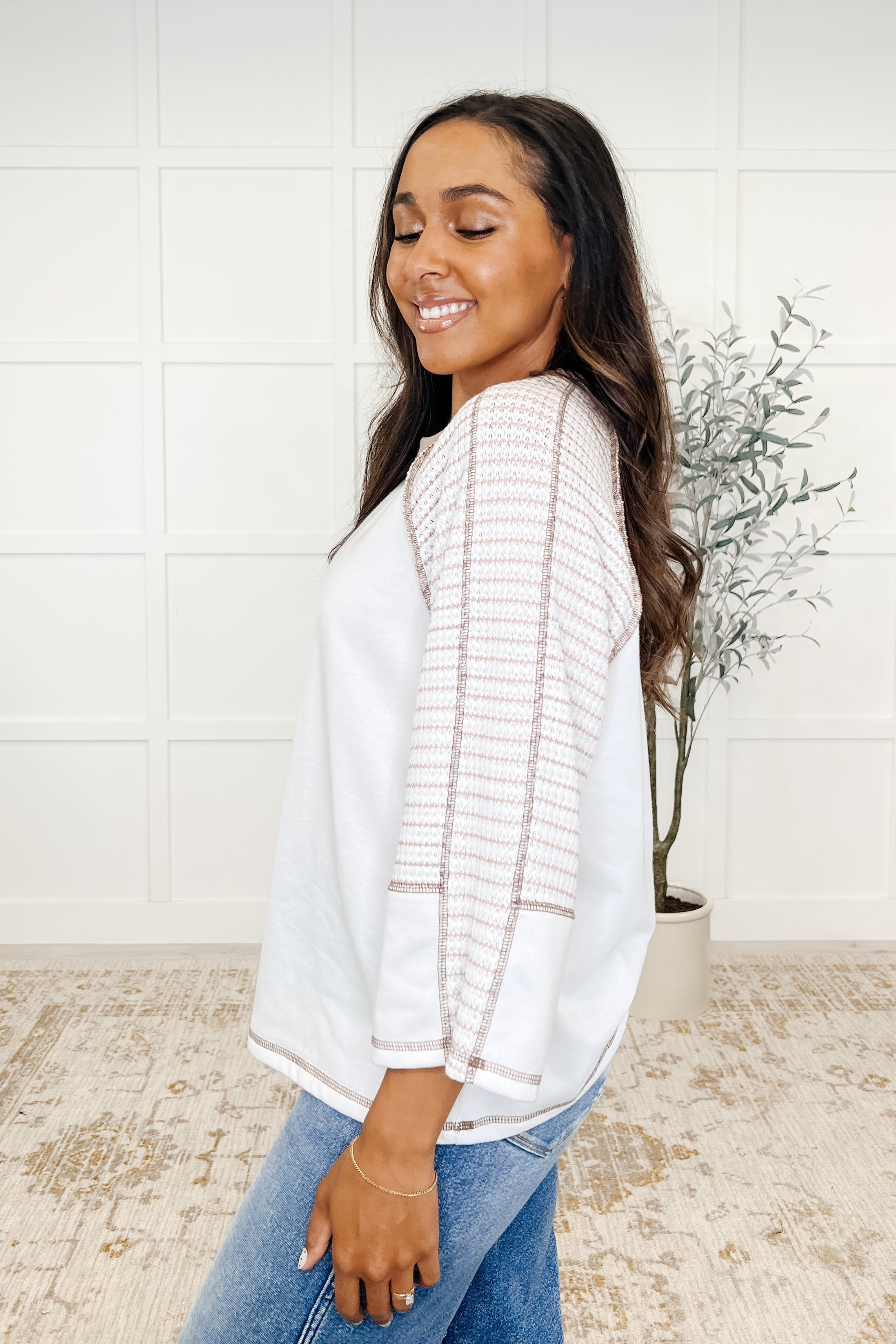 Preoccupied Striped Sleeve Top in Tan-Womens-Stay Foxy Boutique, Florissant, Missouri