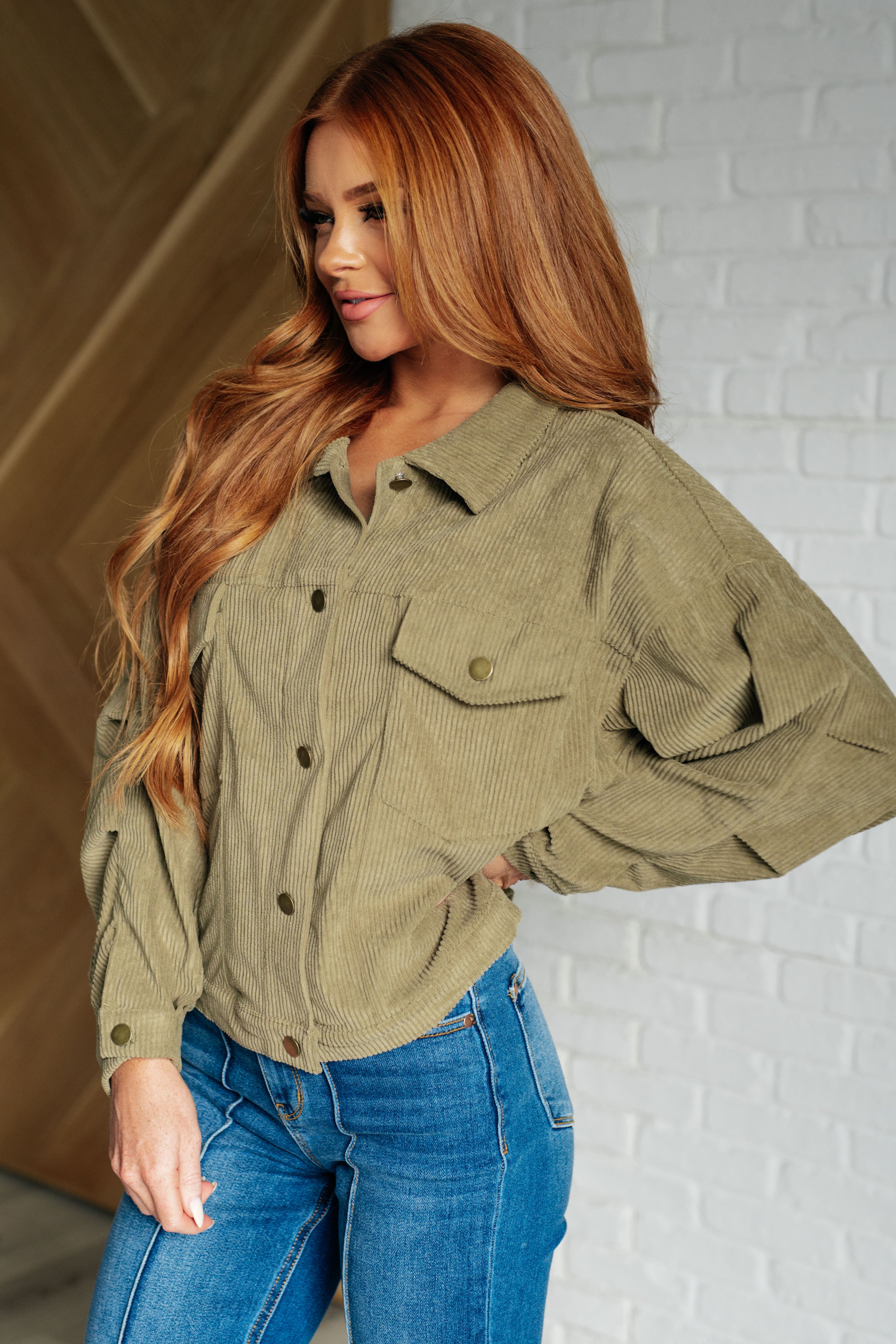 Primrose Corduroy Jacket in Olive-Layers-Stay Foxy Boutique, Florissant, Missouri