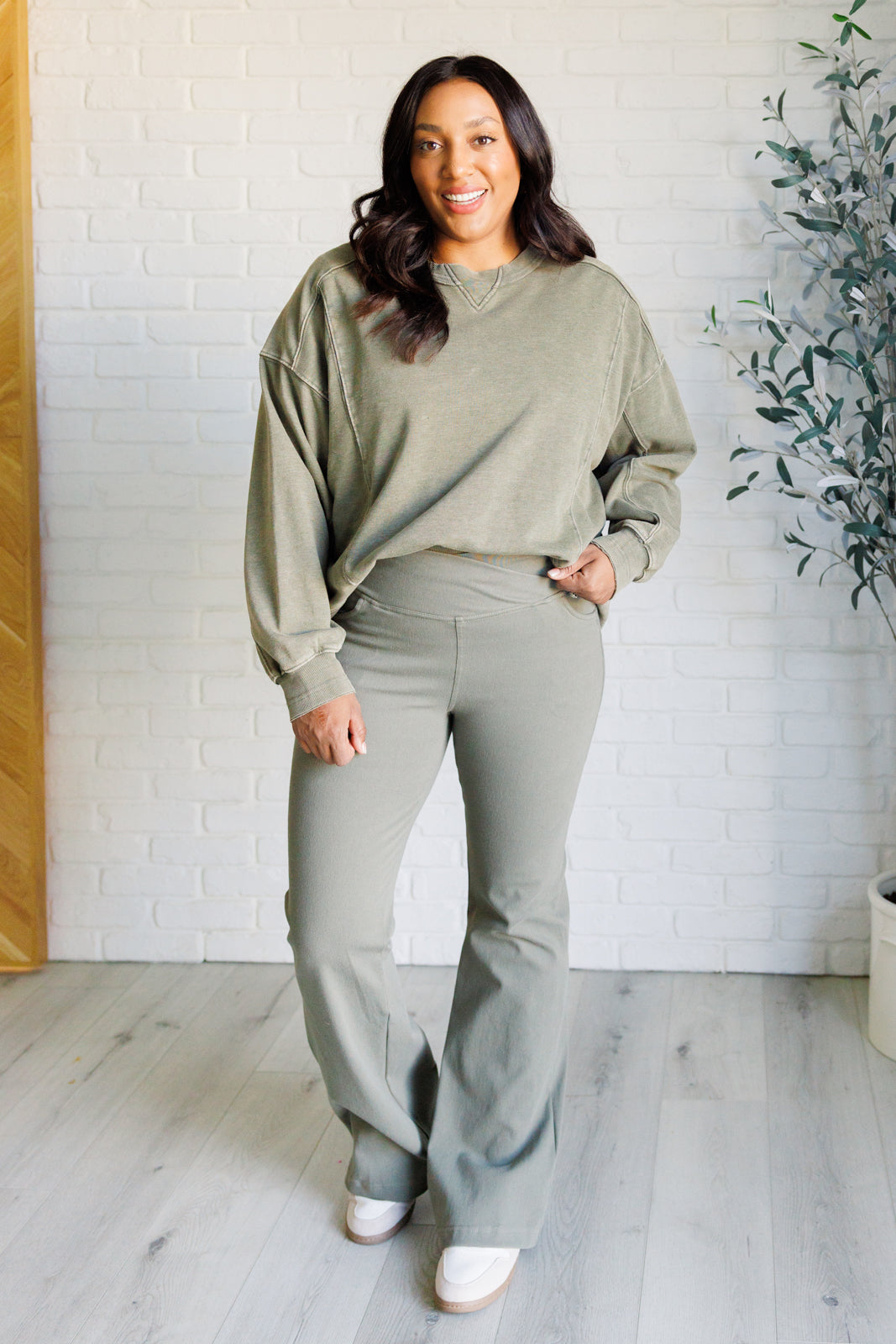 Quick Fix Mineral Wash Crew Neck Pullover in Army Green-Tops-Stay Foxy Boutique, Florissant, Missouri