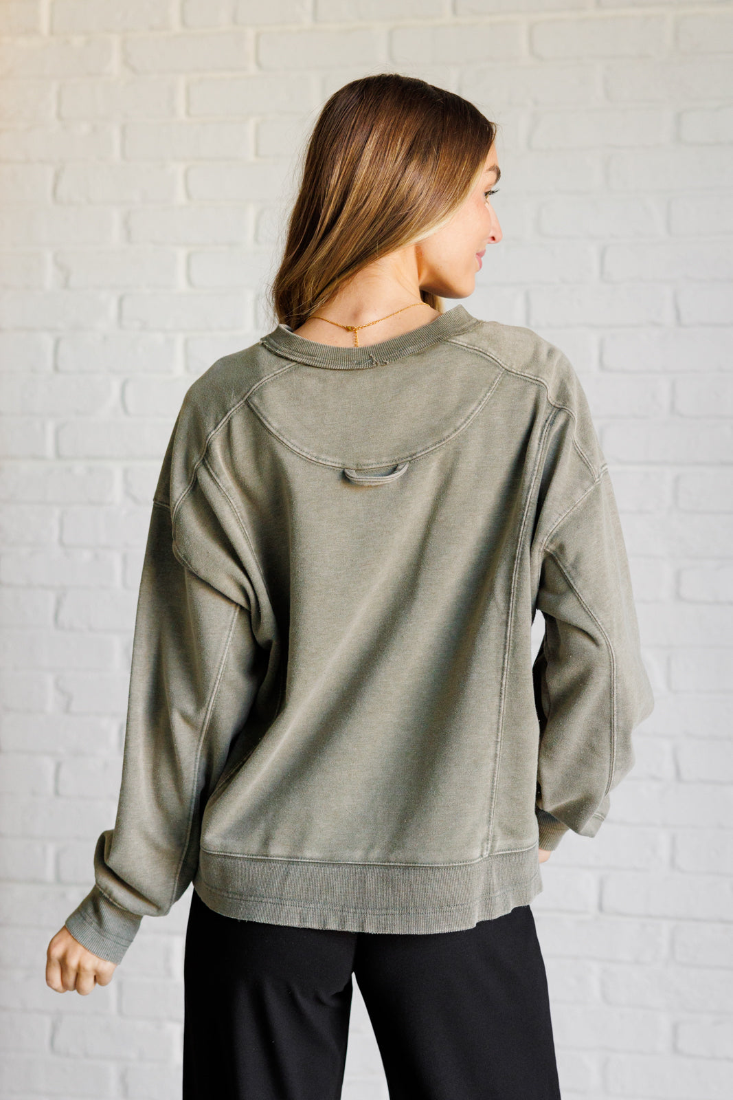 Quick Fix Mineral Wash Crew Neck Pullover in Army Green-Tops-Stay Foxy Boutique, Florissant, Missouri