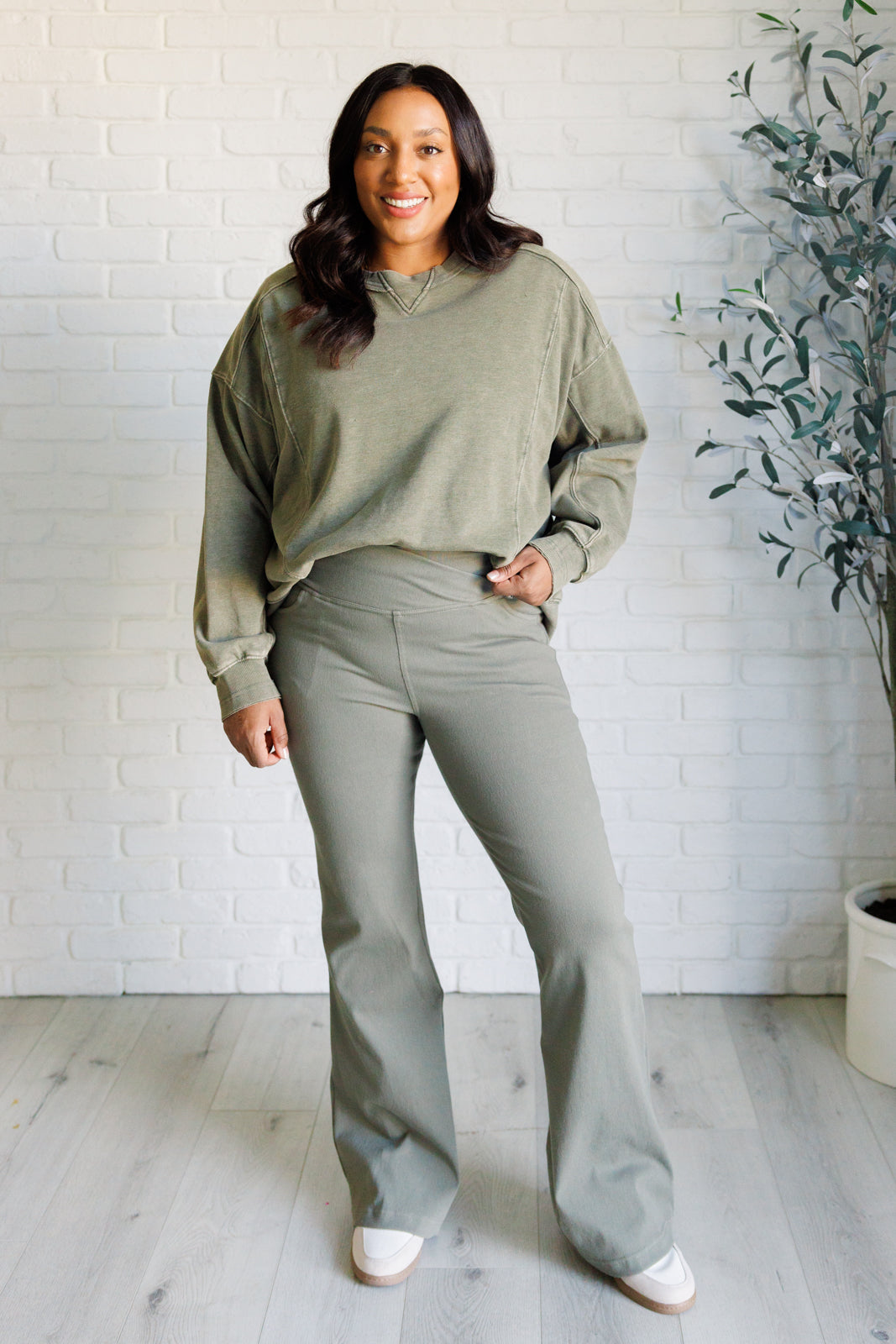 Building Habits Twill Flared Crossover Waist Pant in Dusty Olive-Bottoms-Stay Foxy Boutique, Florissant, Missouri