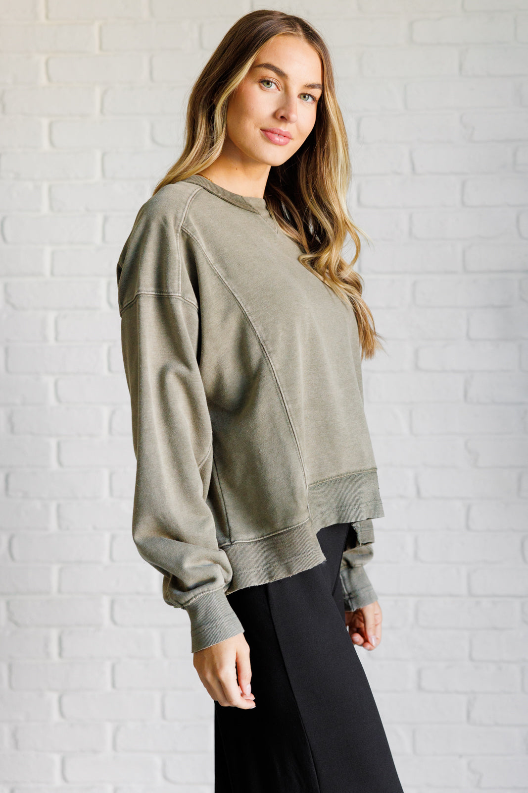 Quick Fix Mineral Wash Crew Neck Pullover in Army Green-Tops-Stay Foxy Boutique, Florissant, Missouri