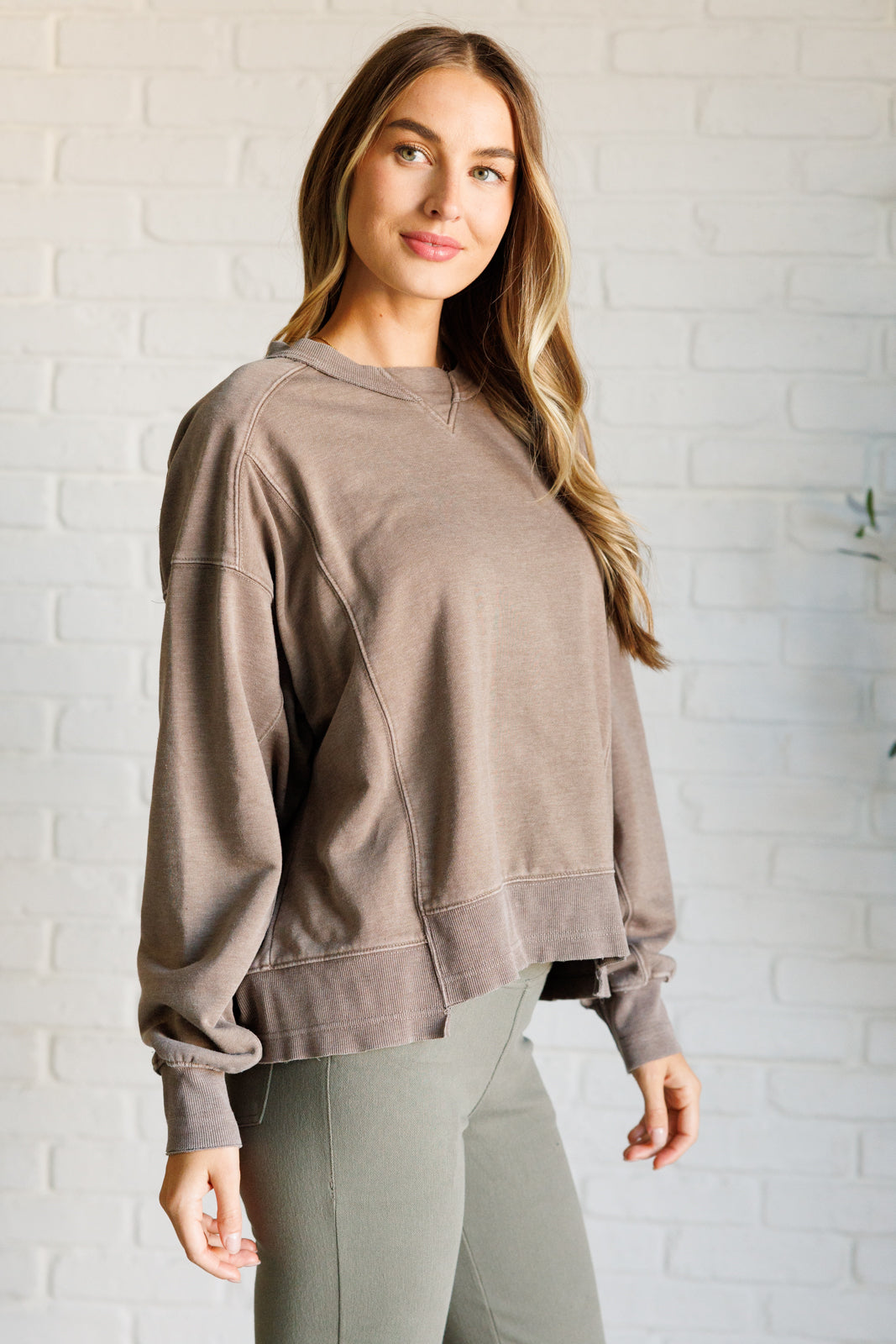 Quick Fix Mineral Wash Crew Neck Pullover in Mocha-Tops-Stay Foxy Boutique, Florissant, Missouri