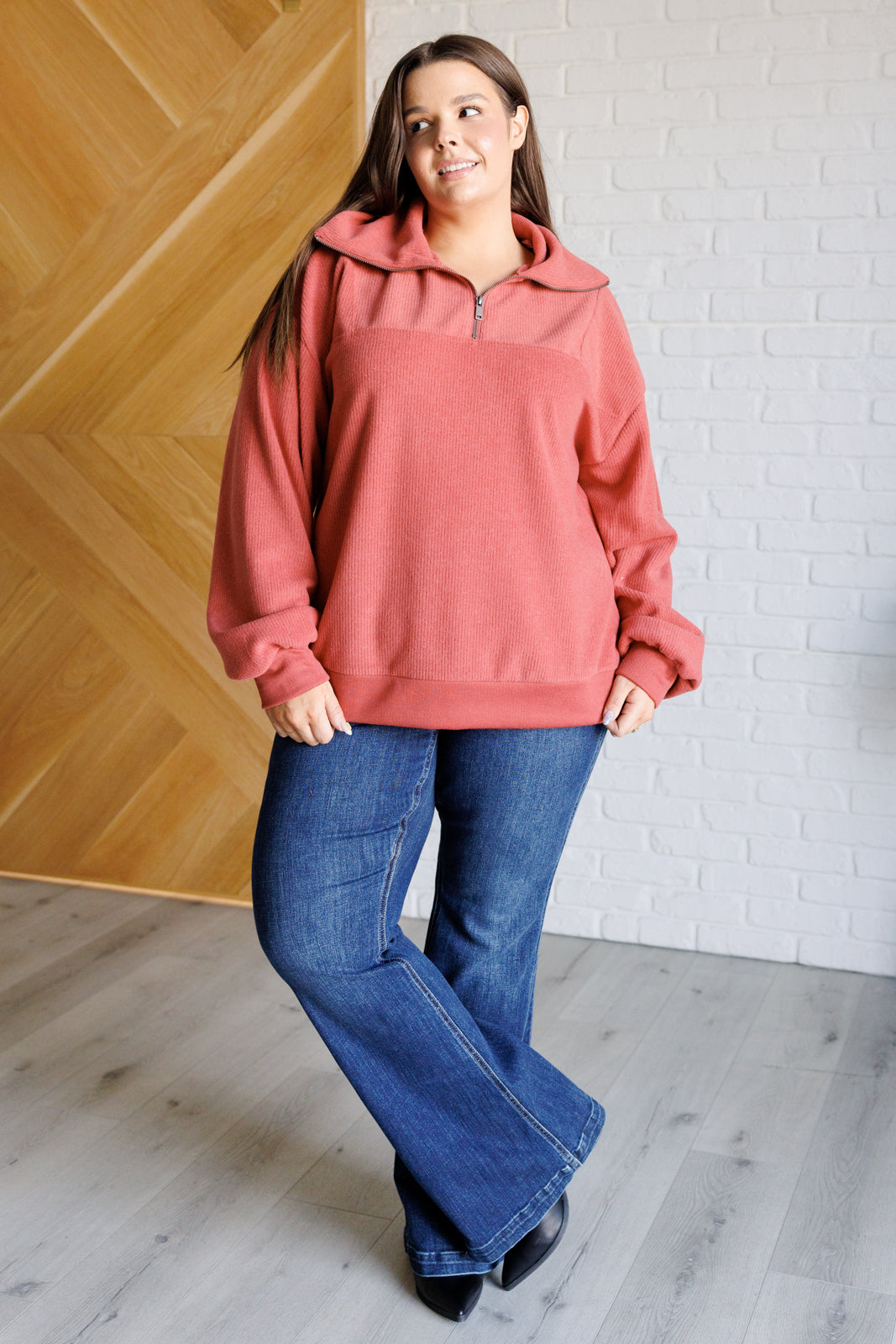 Quite the Impression Half Zip Pullover in Rust-Tops-Stay Foxy Boutique, Florissant, Missouri