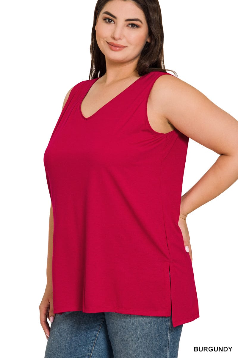 PLUS Sleeveless Side Slit Top - Burgundy-Tank Top-Stay Foxy Boutique, Florissant, Missouri