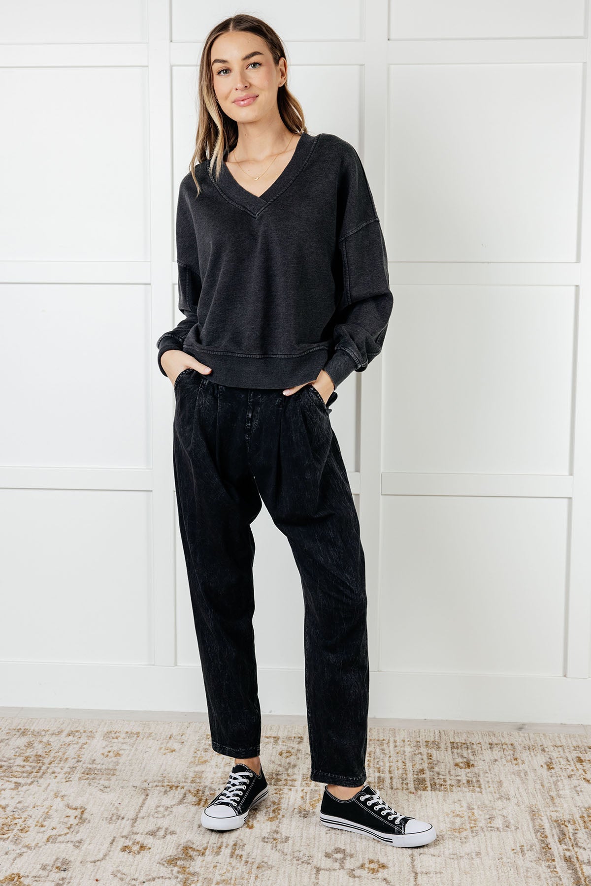 Rep Ready Mineral Wash French Terry Pullover in Black-Athleisure-Stay Foxy Boutique, Florissant, Missouri