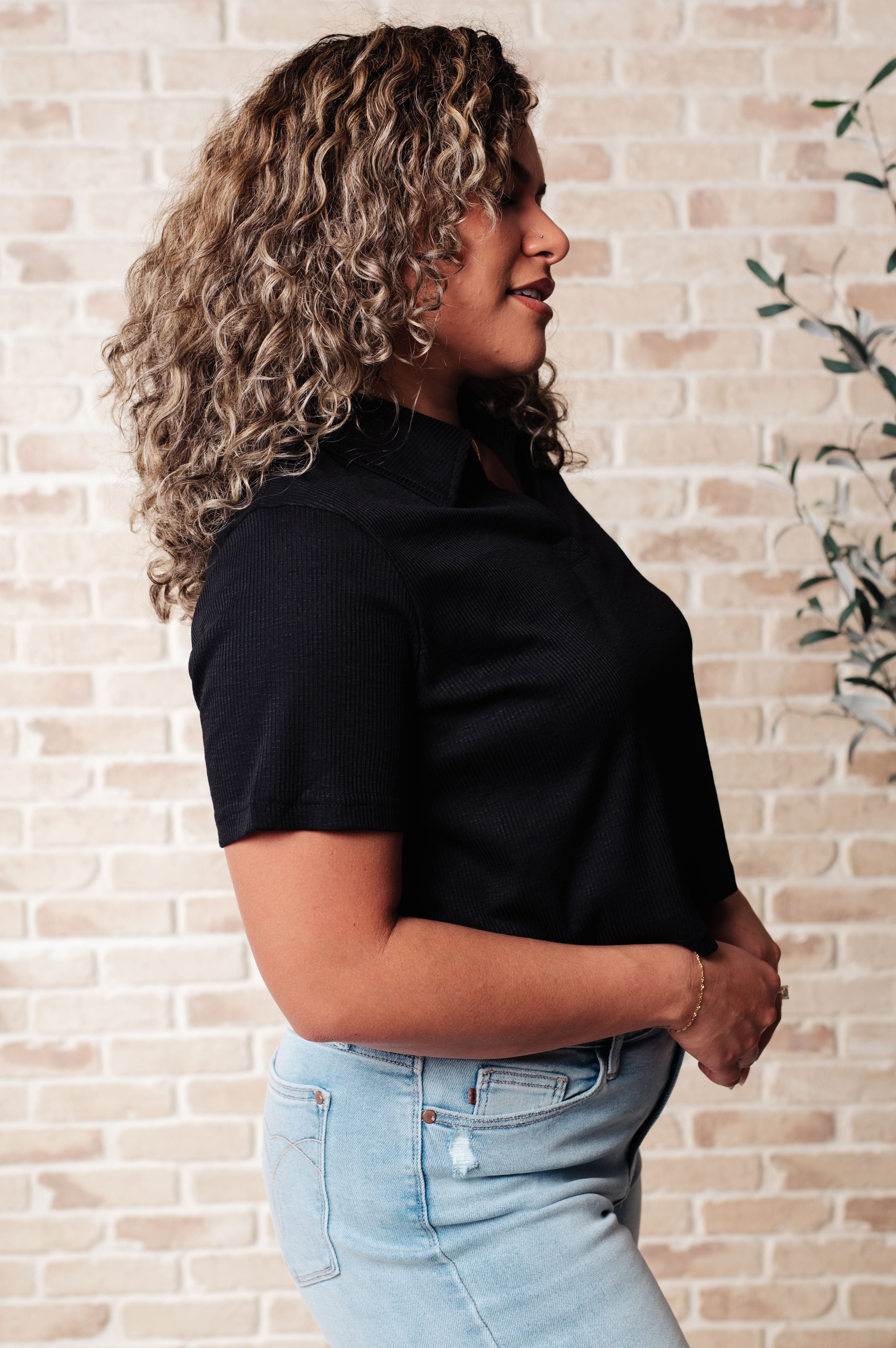 Rory Ribbed Cropped Tennis Tee in Black-Tops-Stay Foxy Boutique, Florissant, Missouri