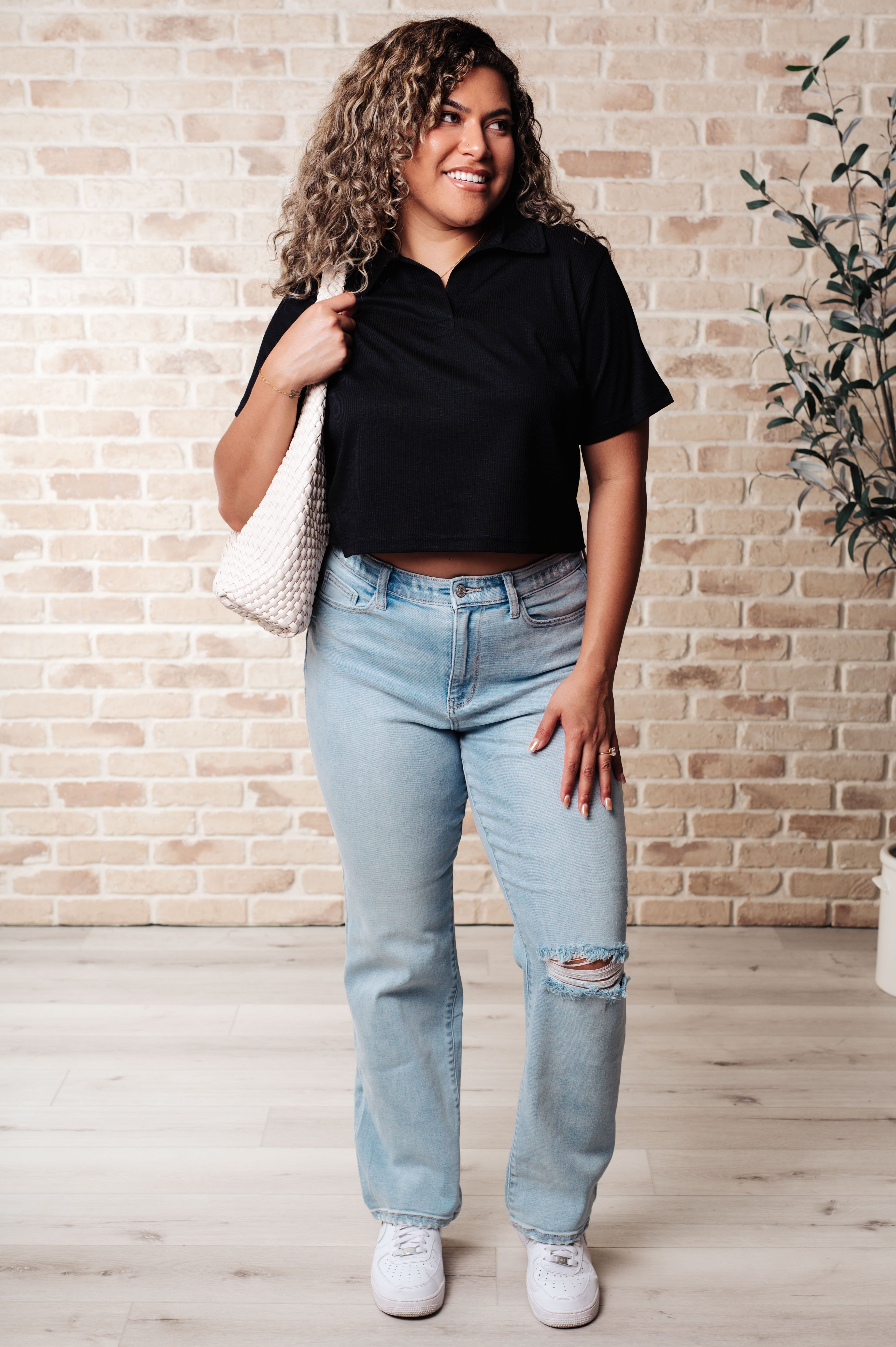 Rory Ribbed Cropped Tennis Tee in Black-Tops-Stay Foxy Boutique, Florissant, Missouri