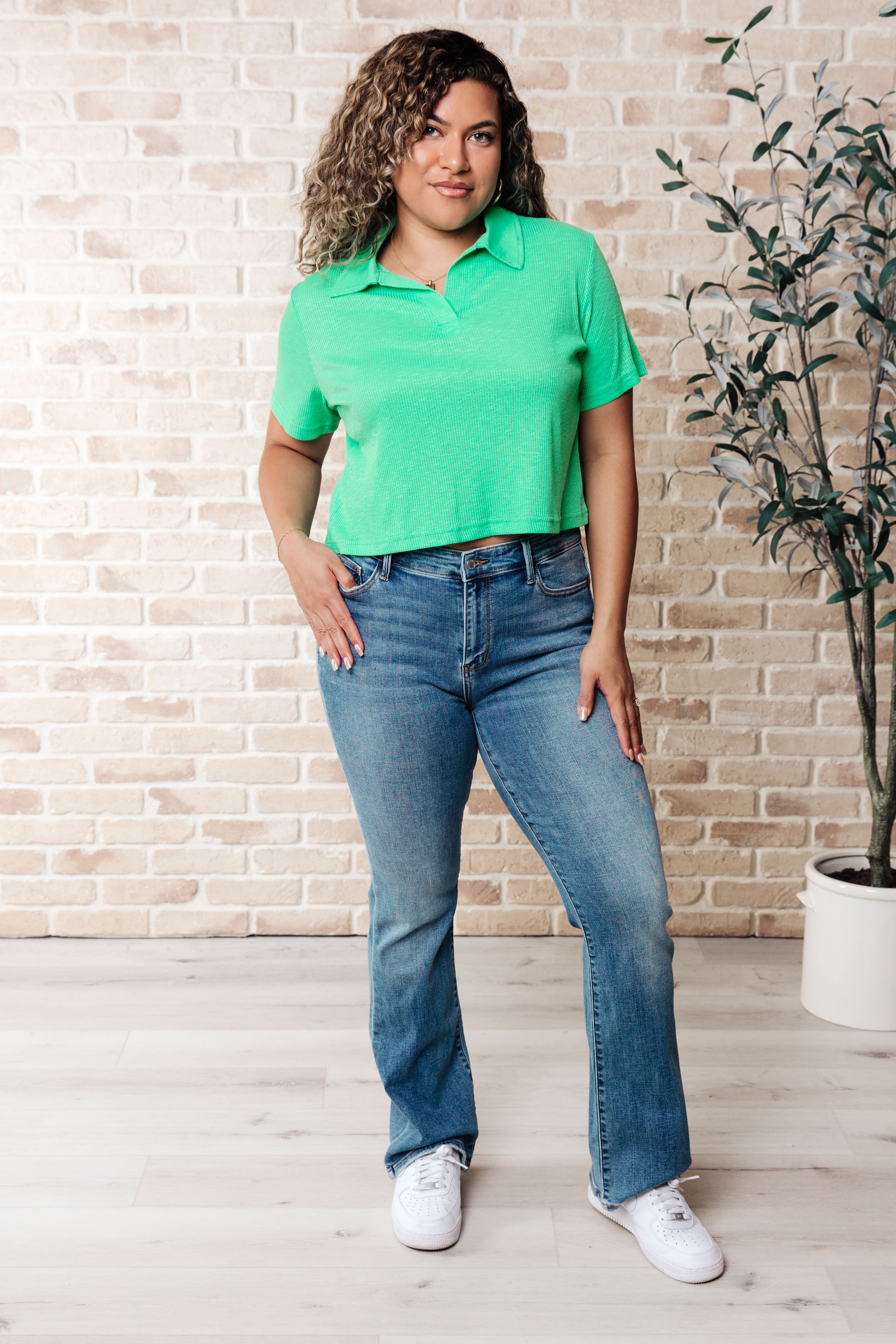 Rory Ribbed Cropped Tennis Tee in Green-Tops-Stay Foxy Boutique, Florissant, Missouri