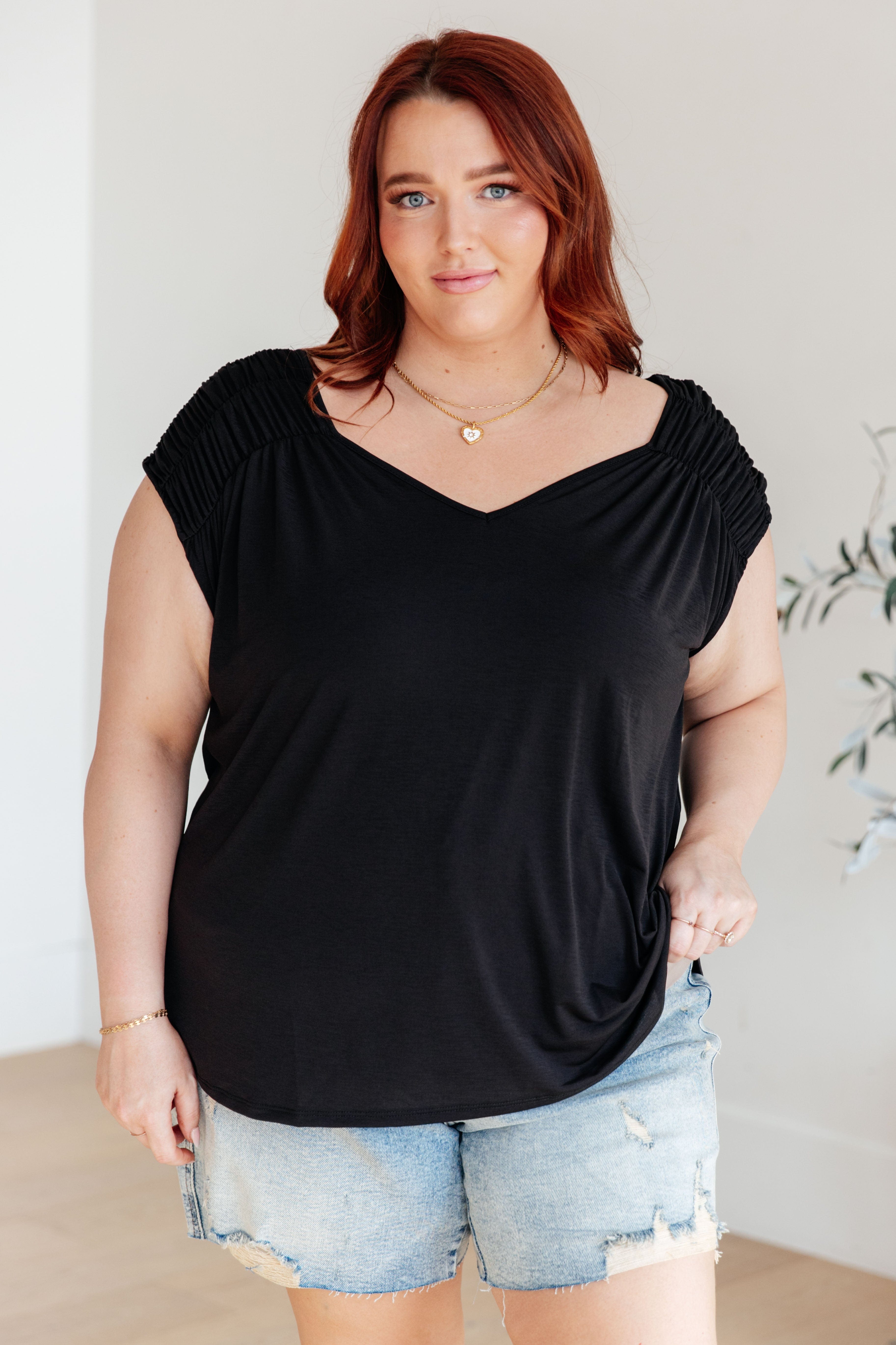 Ruched Cap Sleeve Top in Black-Womens-Stay Foxy Boutique, Florissant, Missouri