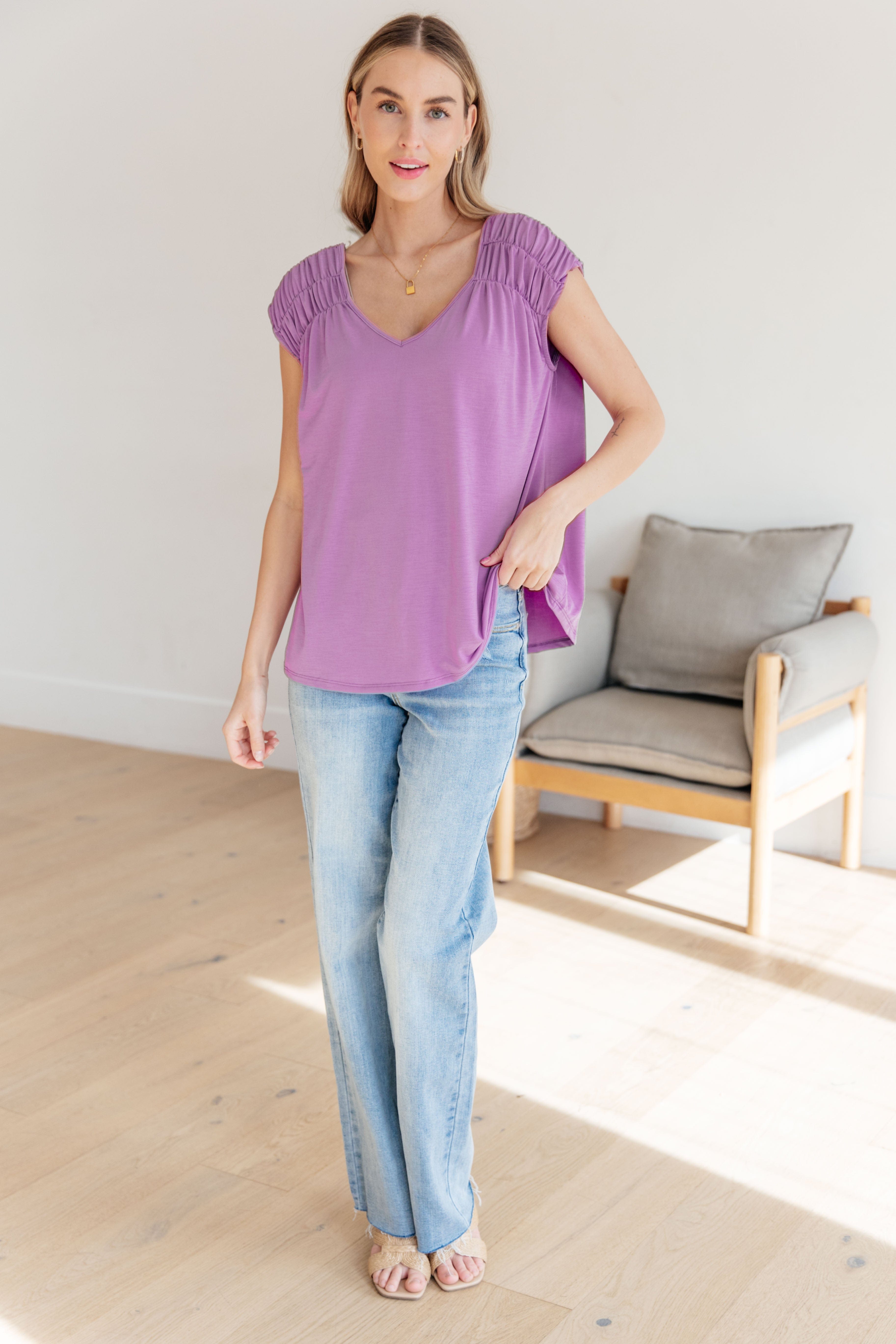 Ruched Cap Sleeve Top in Lavender-Womens-Stay Foxy Boutique, Florissant, Missouri