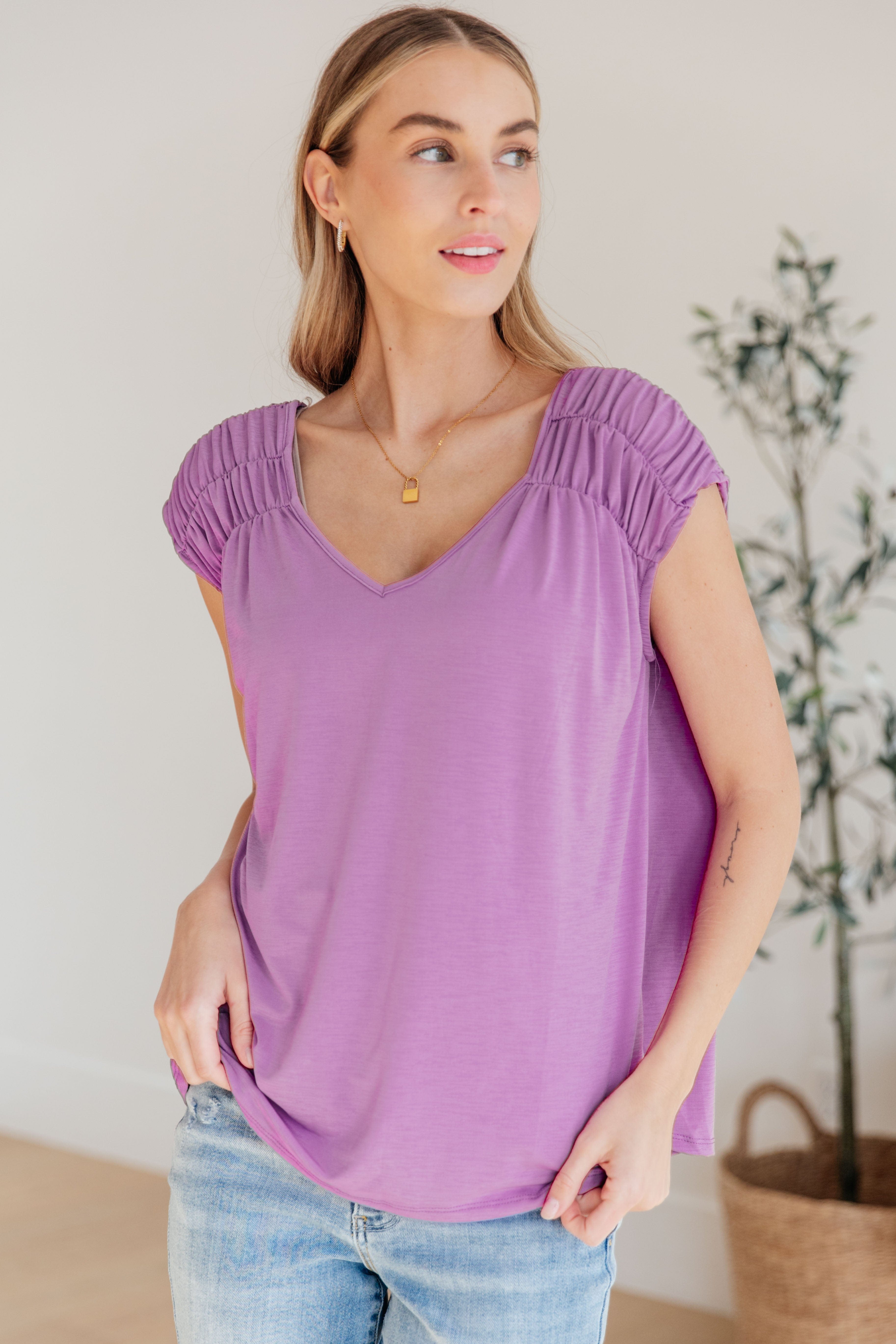 Ruched Cap Sleeve Top in Lavender-Womens-Stay Foxy Boutique, Florissant, Missouri