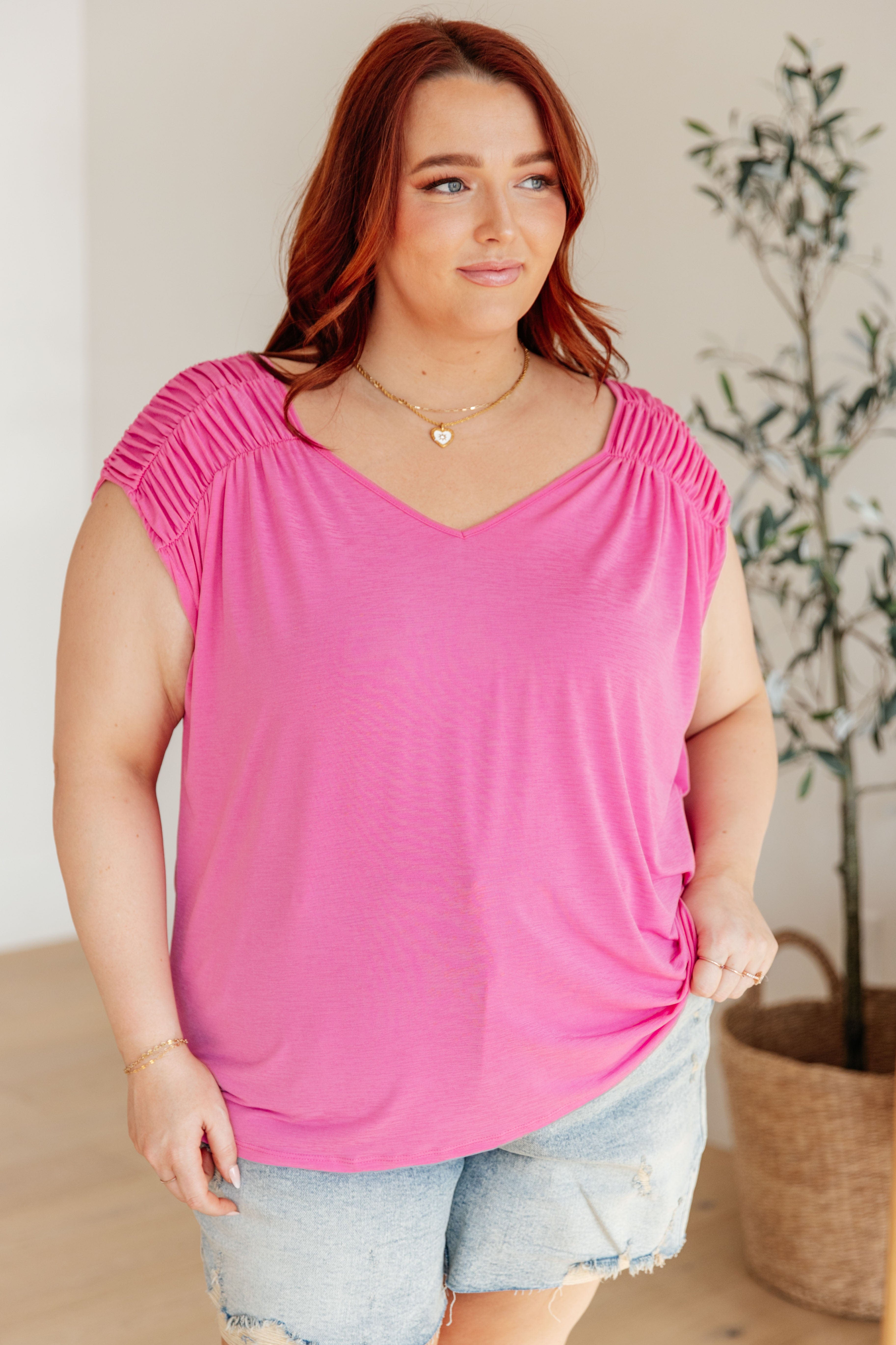 Ruched Cap Sleeve Top in Magenta-Womens-Stay Foxy Boutique, Florissant, Missouri