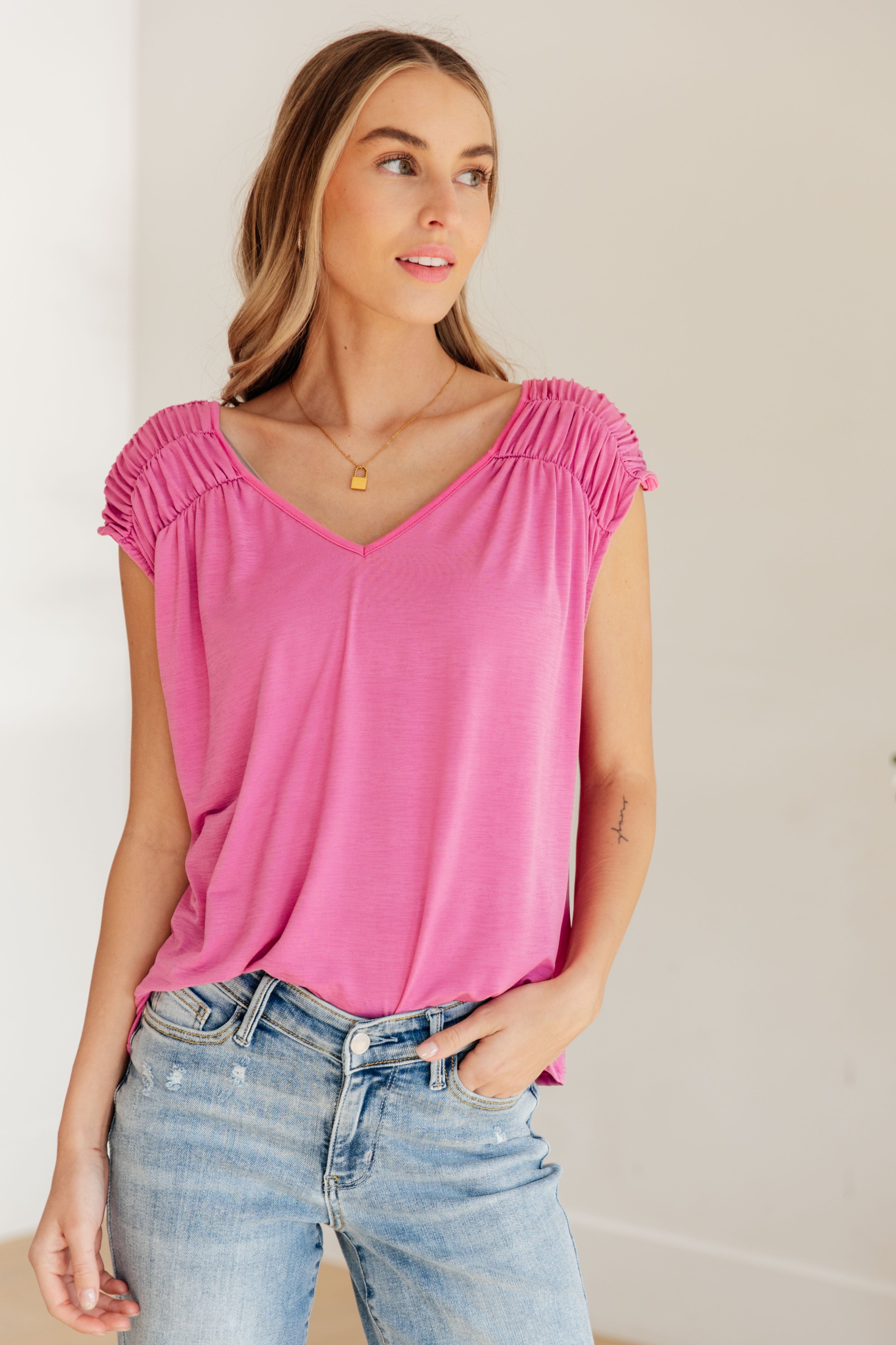 Ruched Cap Sleeve Top in Magenta-Womens-Stay Foxy Boutique, Florissant, Missouri