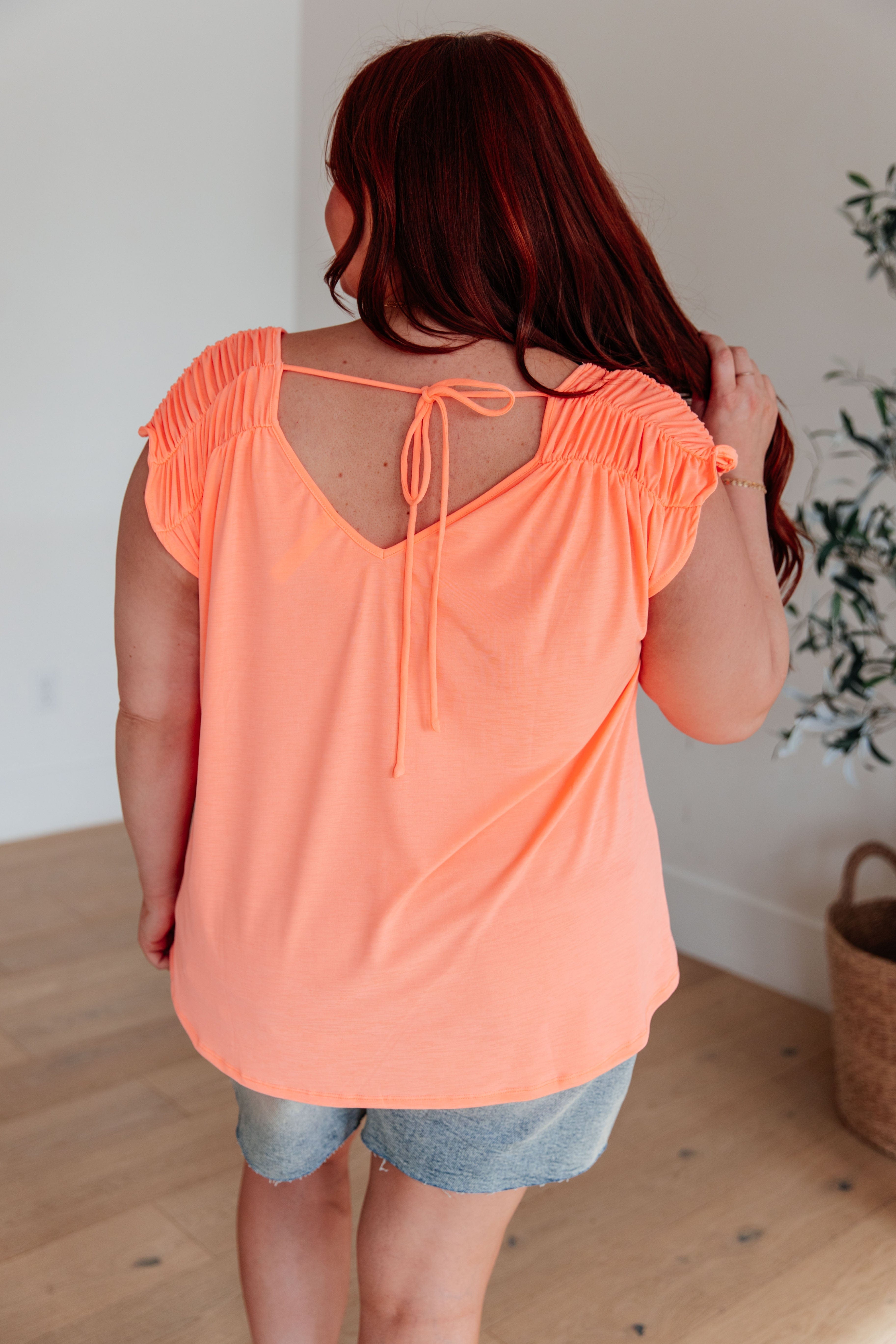 Ruched Cap Sleeve Top in Neon Orange-Womens-Stay Foxy Boutique, Florissant, Missouri