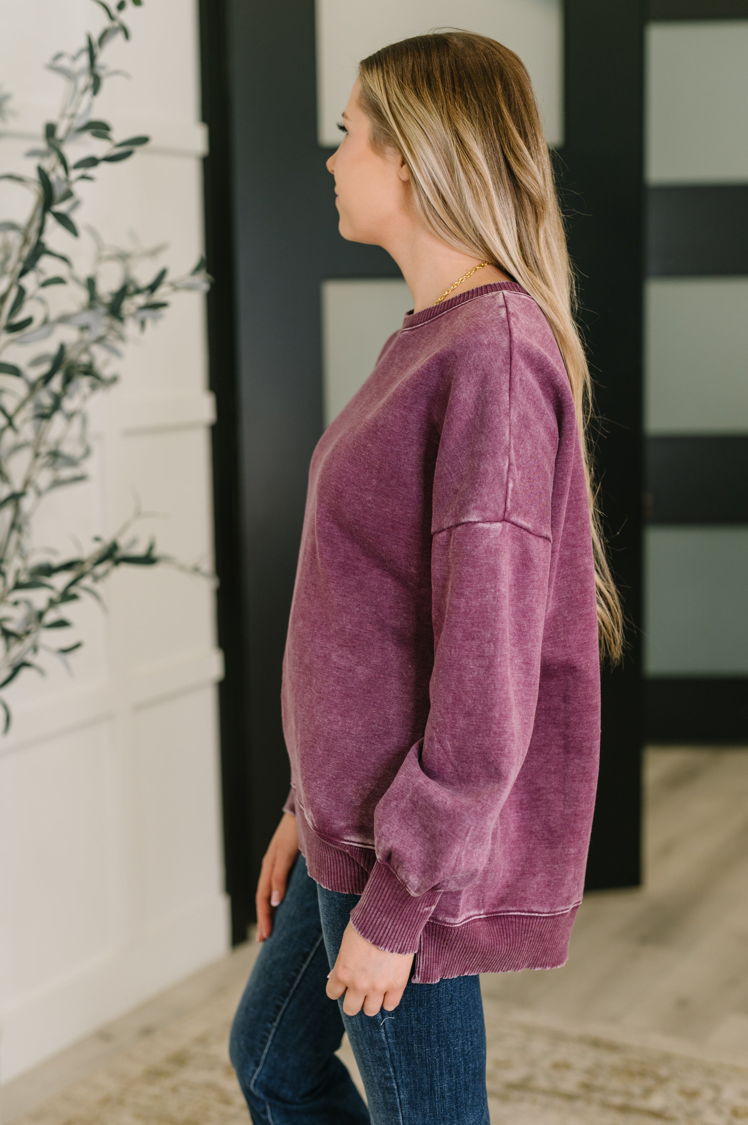 Safe and Secure Mineral Wash Pullover in Eggplant-Womens-Stay Foxy Boutique, Florissant, Missouri