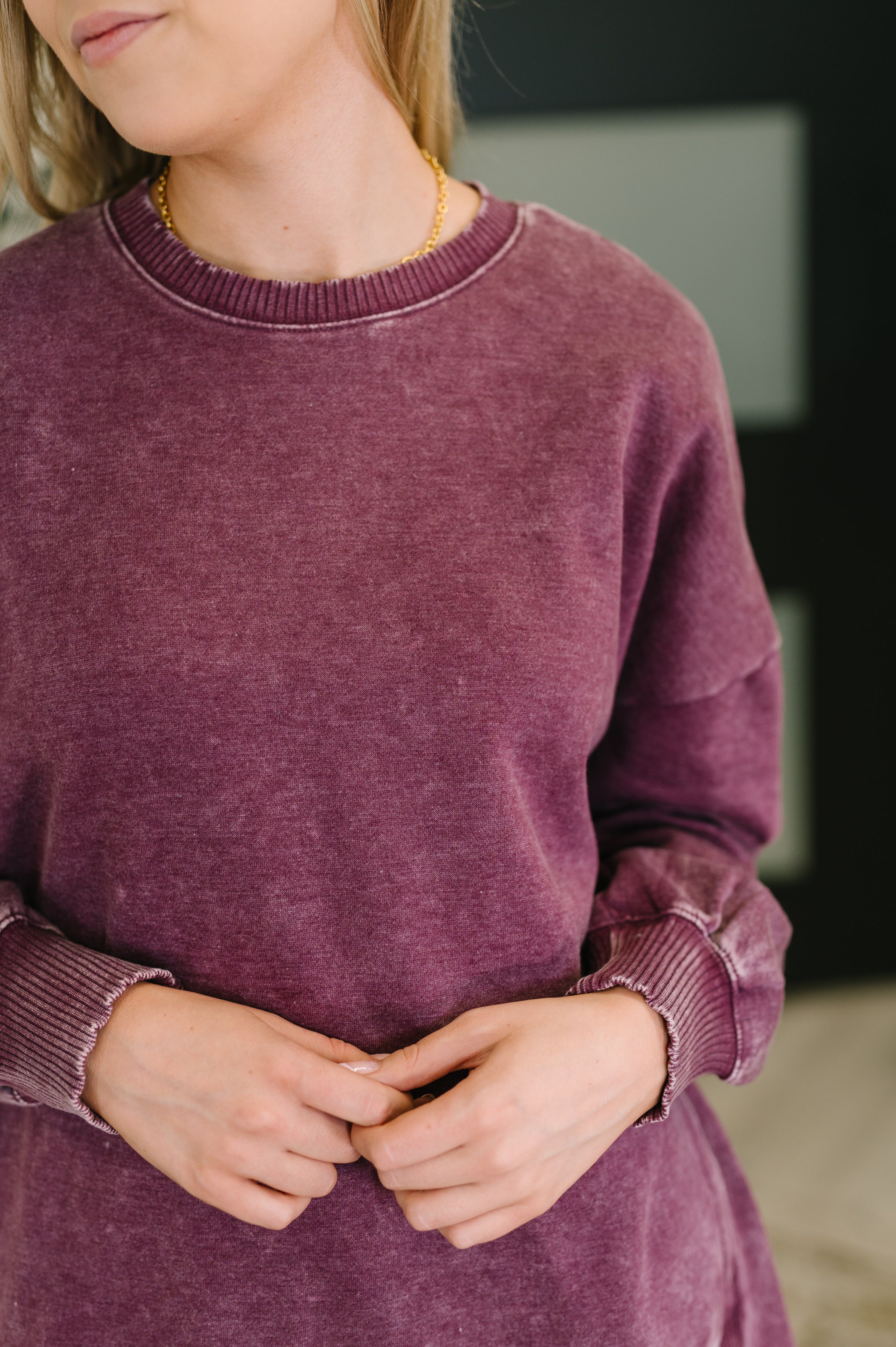 Safe and Secure Mineral Wash Pullover in Eggplant-Womens-Stay Foxy Boutique, Florissant, Missouri