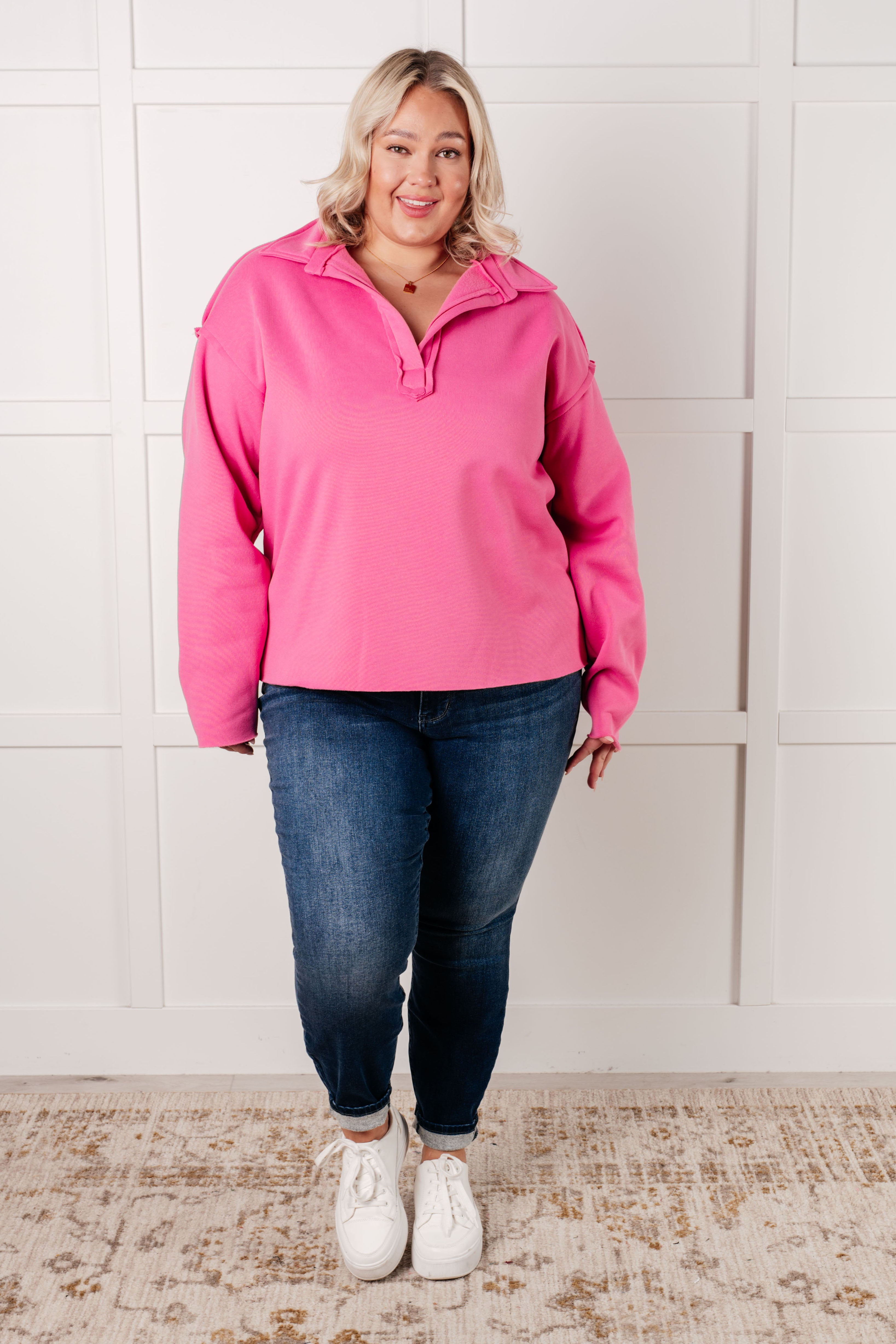 Same Ol' Situation Collared Pullover in Hot Pink-Tops-Stay Foxy Boutique, Florissant, Missouri