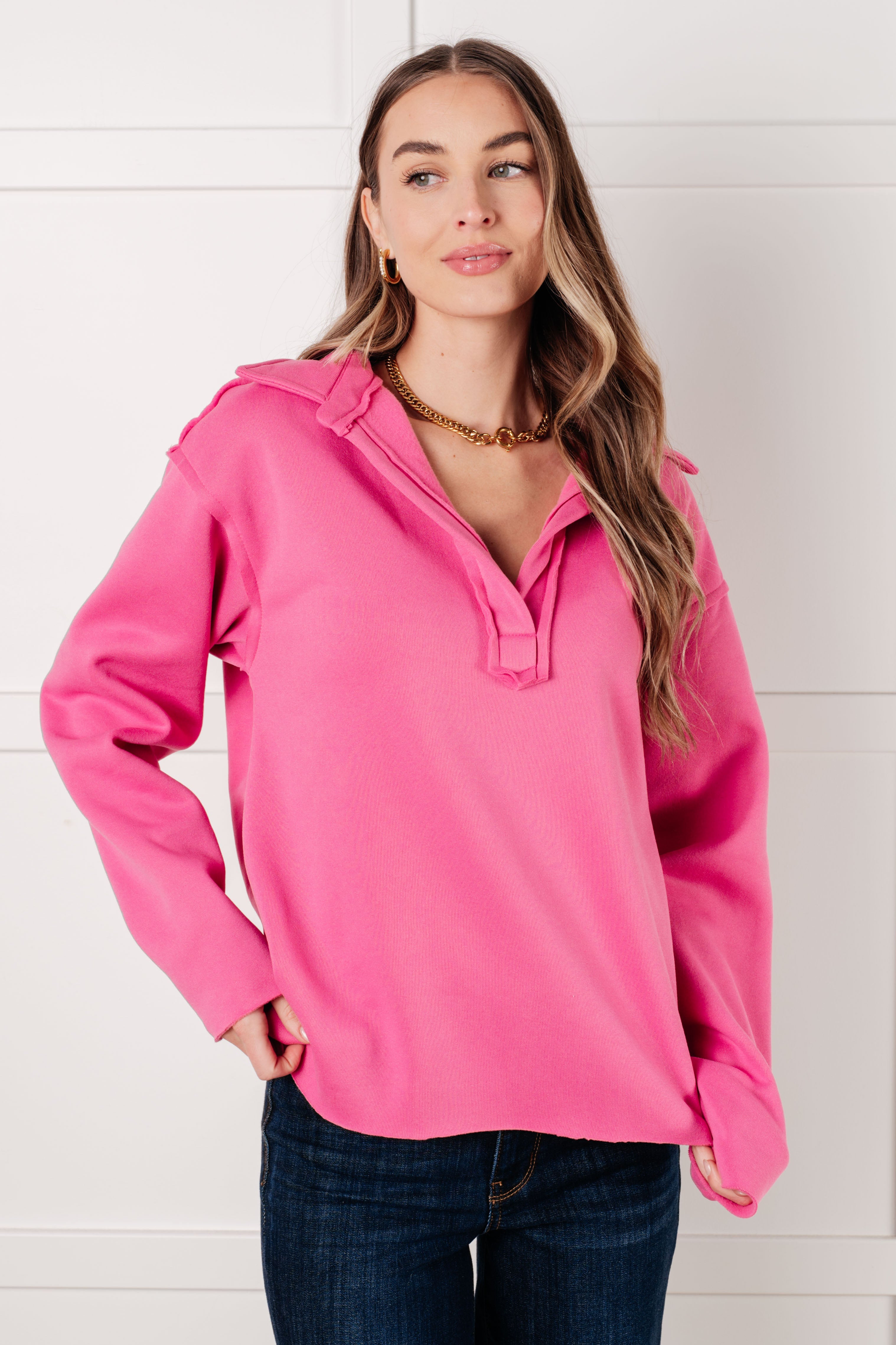 Same Ol' Situation Collared Pullover in Hot Pink-Tops-Stay Foxy Boutique, Florissant, Missouri