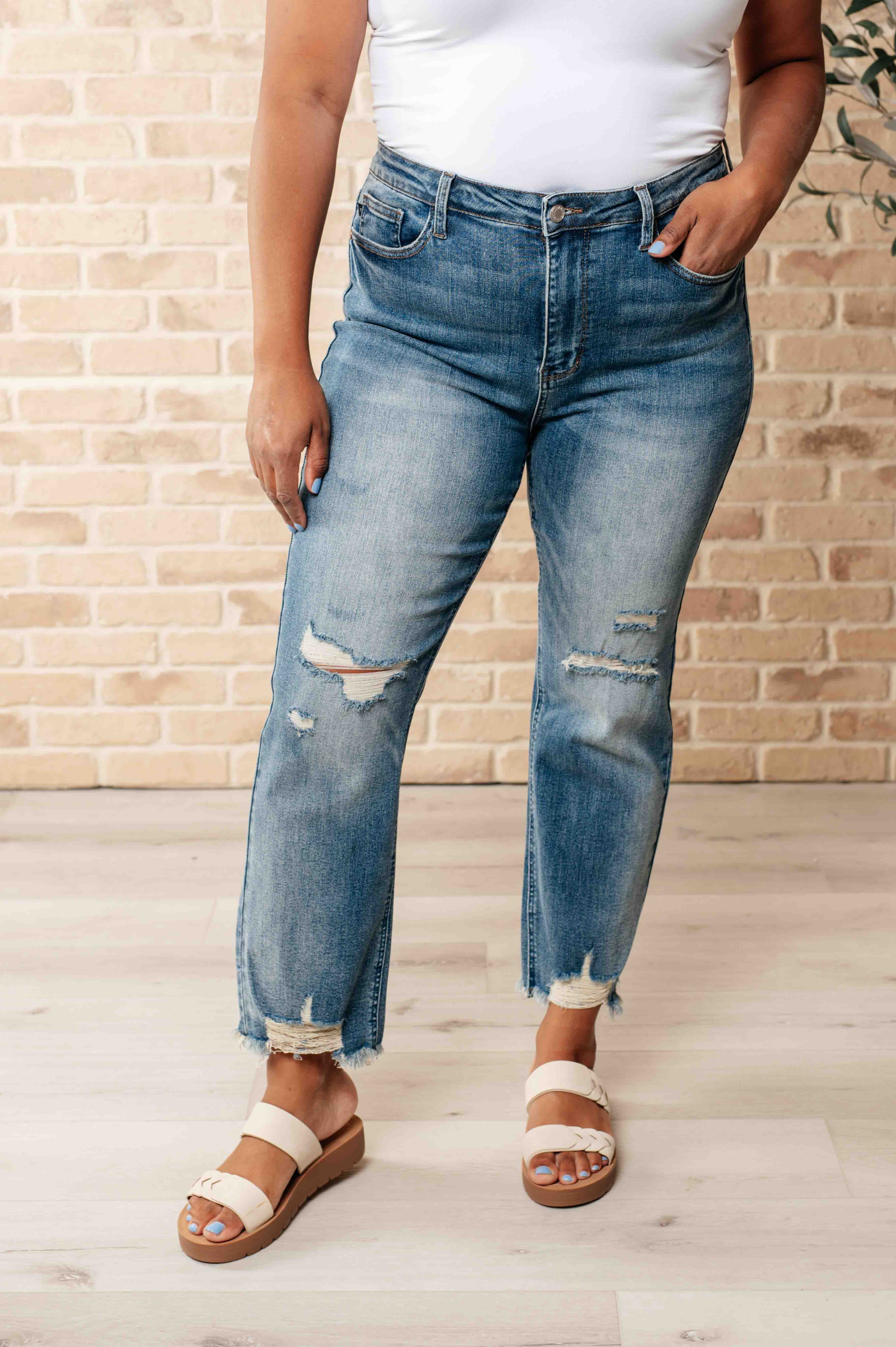 Sammy High Waist Distressed Crop Straight Leg Jeans-Womens-Stay Foxy Boutique, Florissant, Missouri