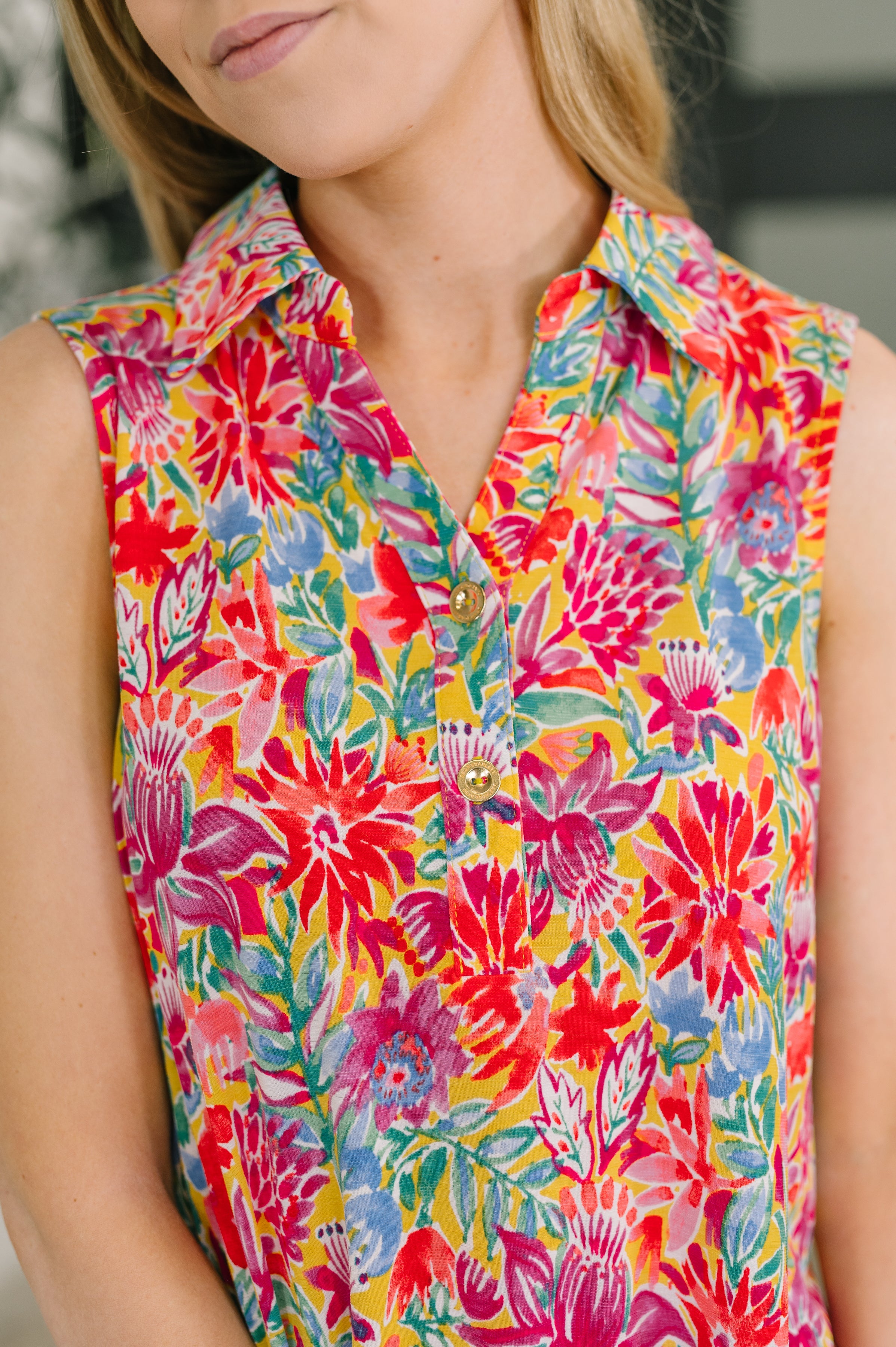 Sea Spray Collared Sleeveless Top in Island Bloom-Womens-Stay Foxy Boutique, Florissant, Missouri
