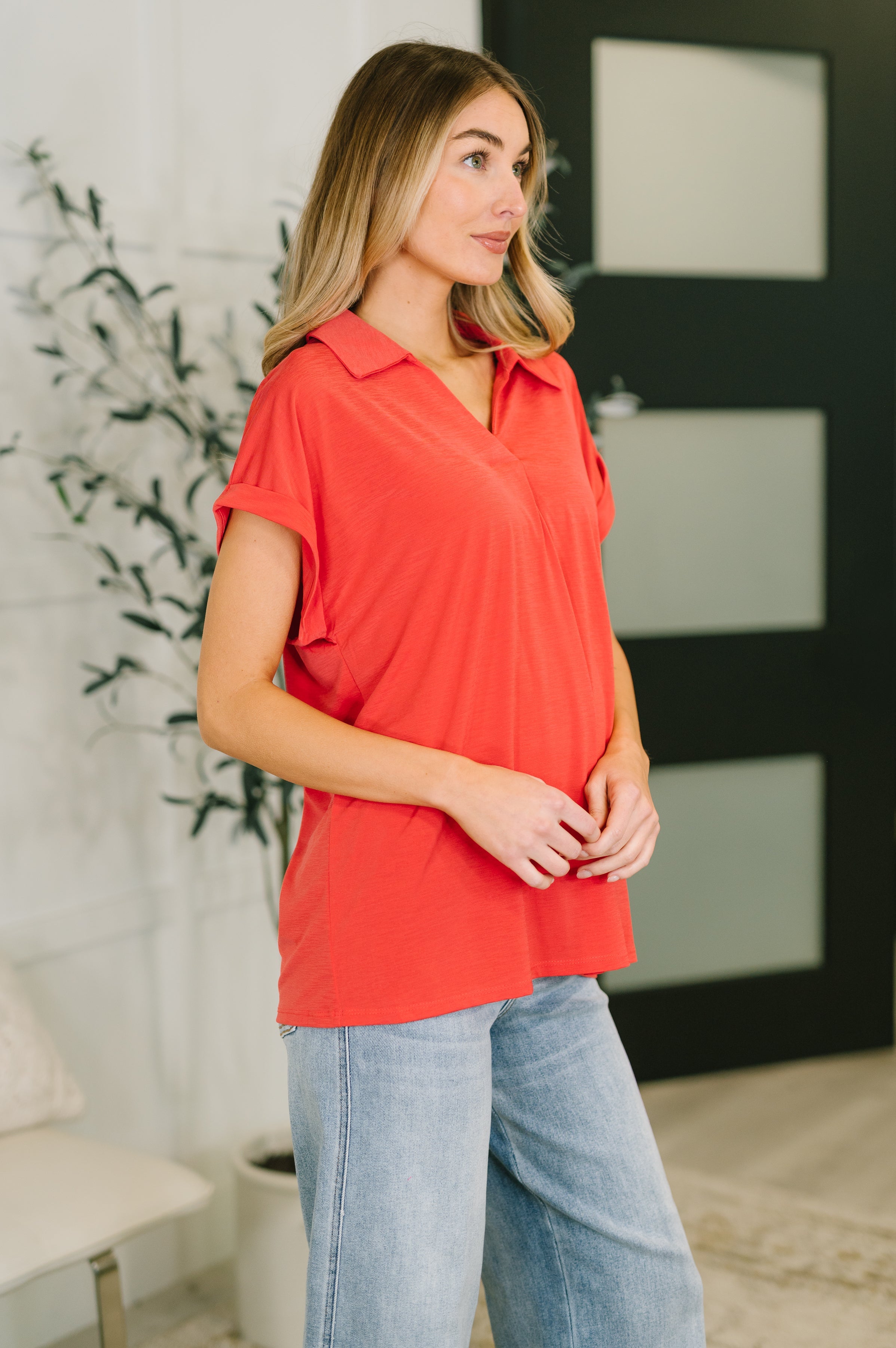 Sea You Soon Collared Top in Hot Coral-Womens-Stay Foxy Boutique, Florissant, Missouri