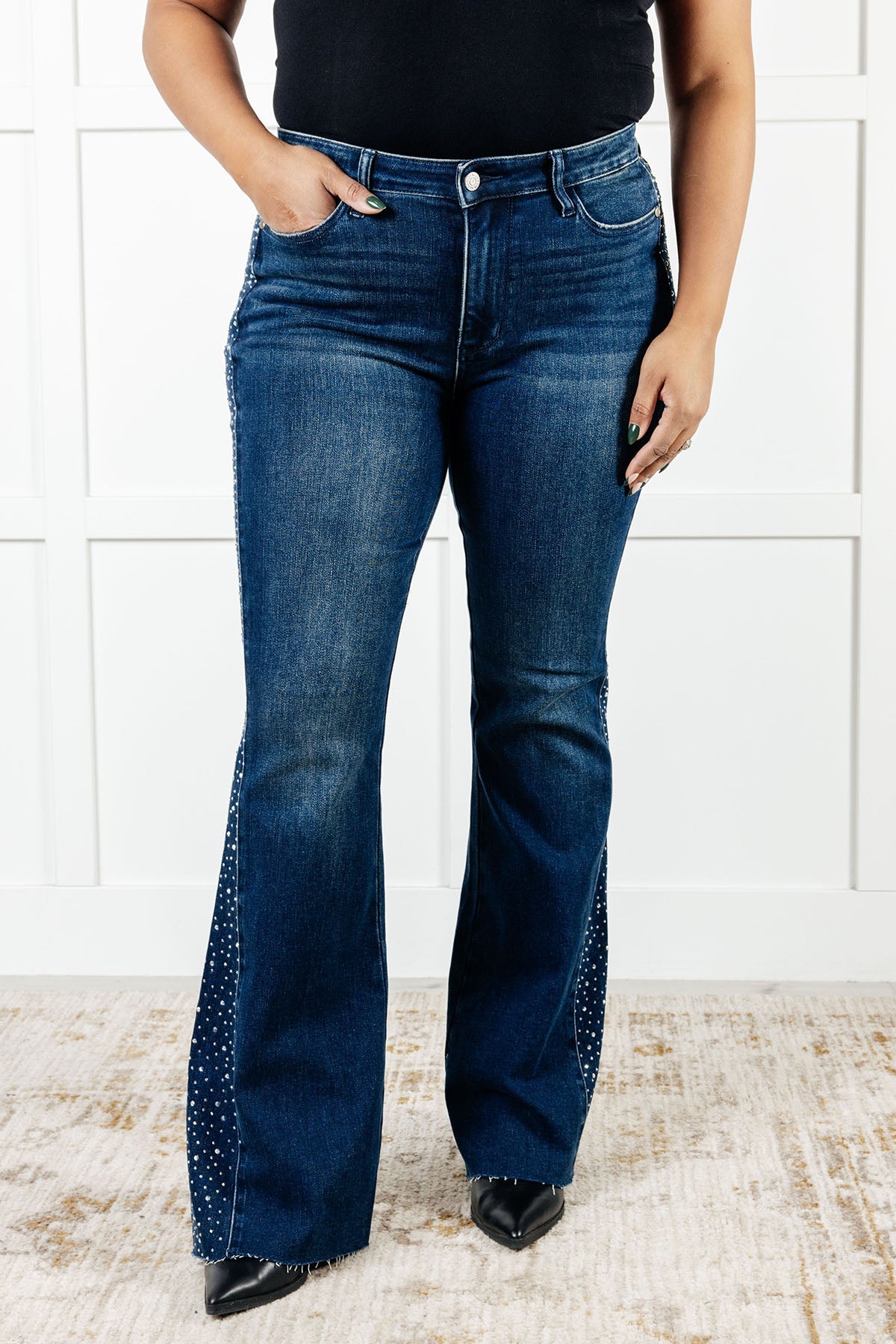 Shannon Mid Rise Rhinestone Detail Flare Jeans-Womens-Stay Foxy Boutique, Florissant, Missouri