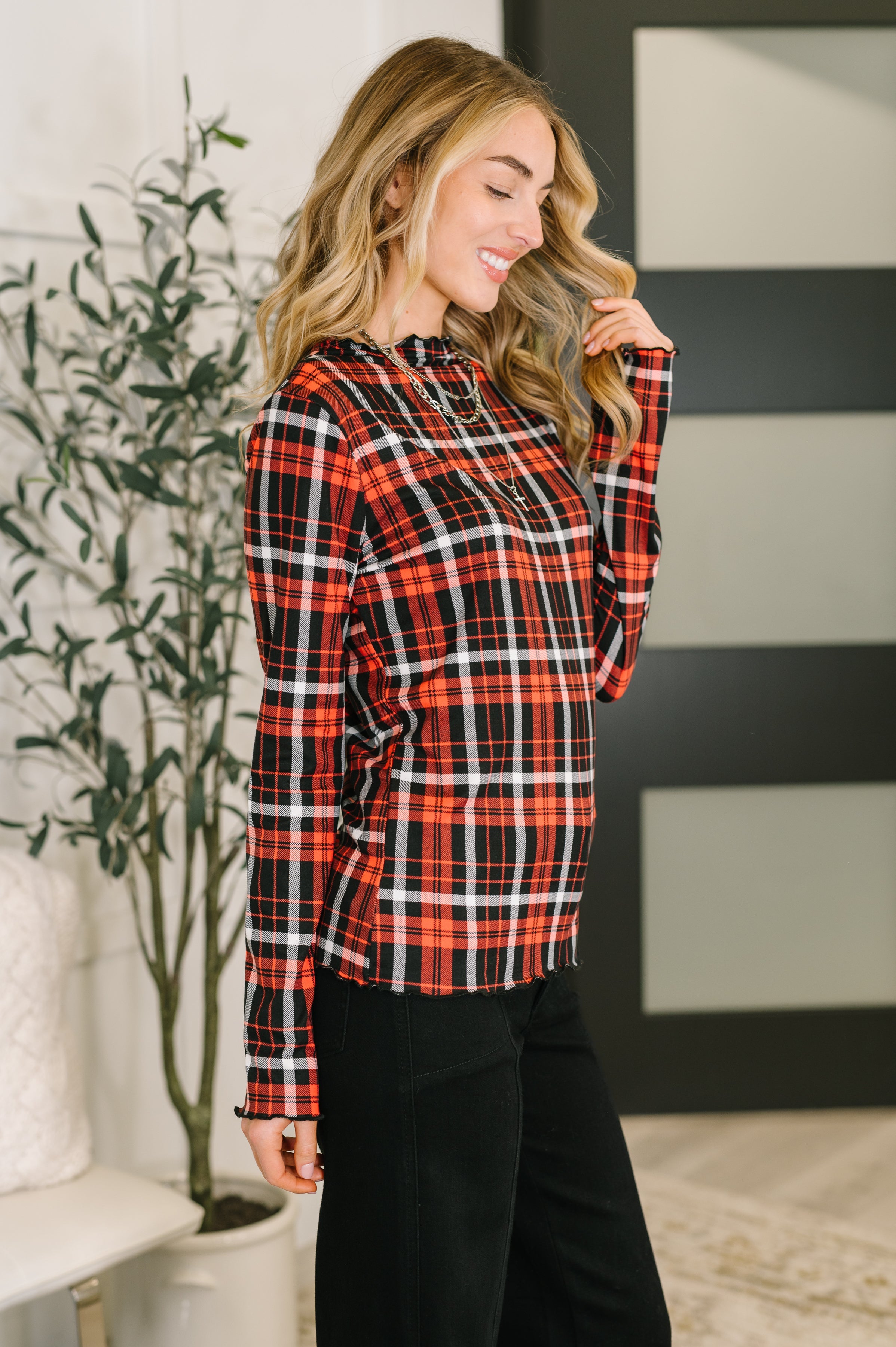 She's Always Changing Plaid Lettuce Hem Top-Womens-Stay Foxy Boutique, Florissant, Missouri