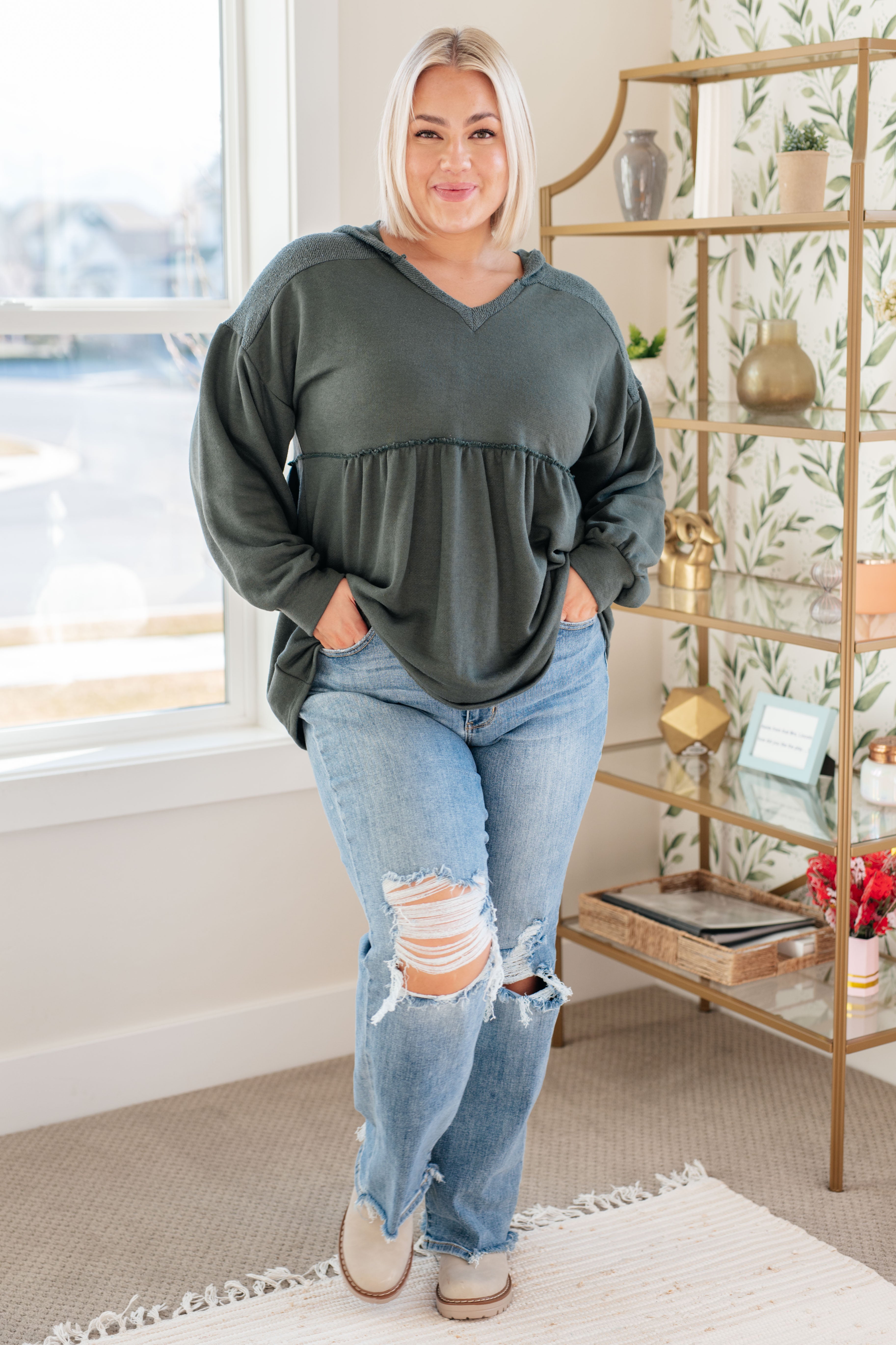 She's Not Wrong Hooded V-Neck Pullover-Tops-Stay Foxy Boutique, Florissant, Missouri