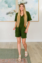 Short Sleeve V-Neck Romper in Army Green-Jumpsuits & Rompers-Stay Foxy Boutique, Florissant, Missouri