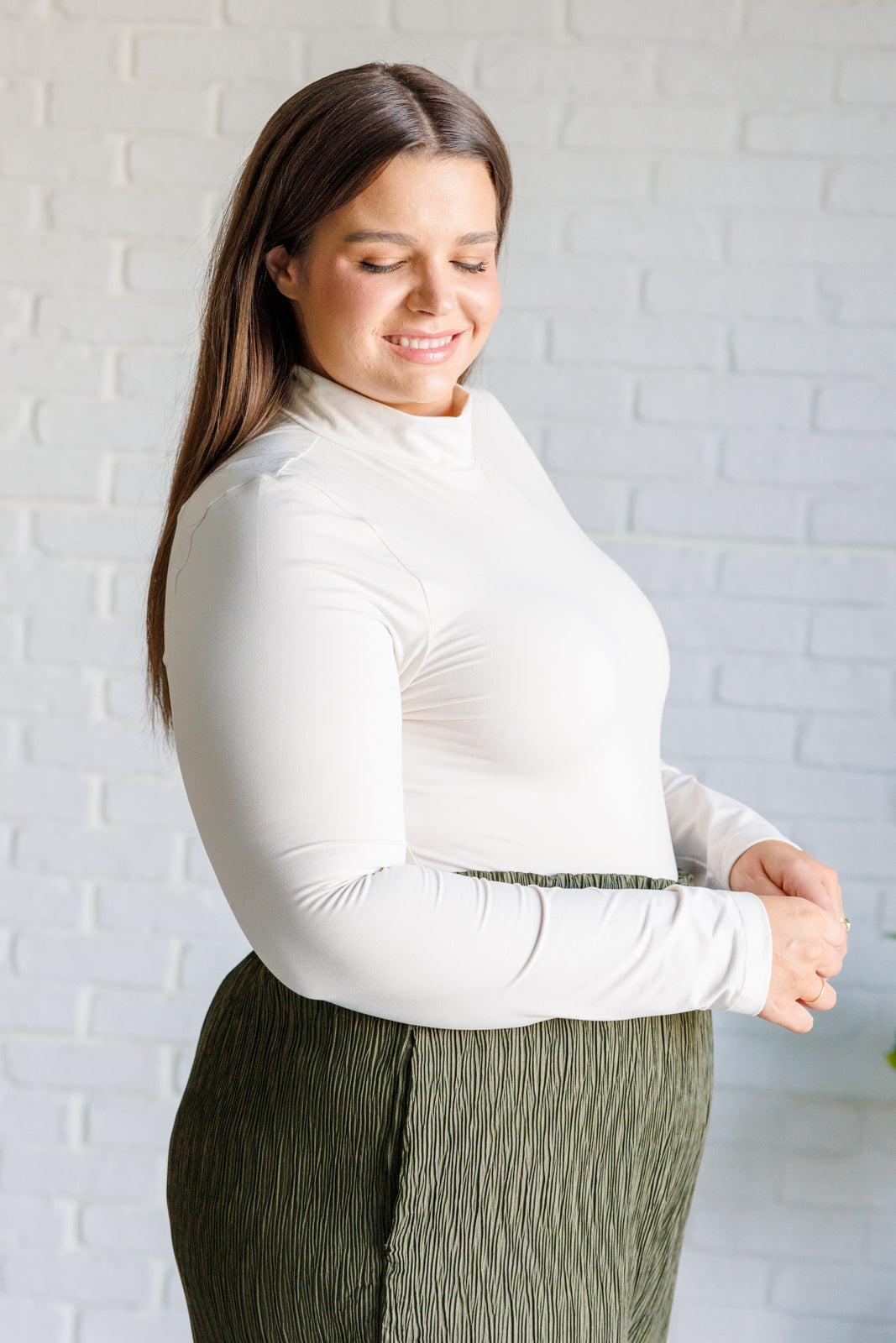 Simple Situation Mock Neck Bodysuit in White Pearl-Bodysuits-Stay Foxy Boutique, Florissant, Missouri