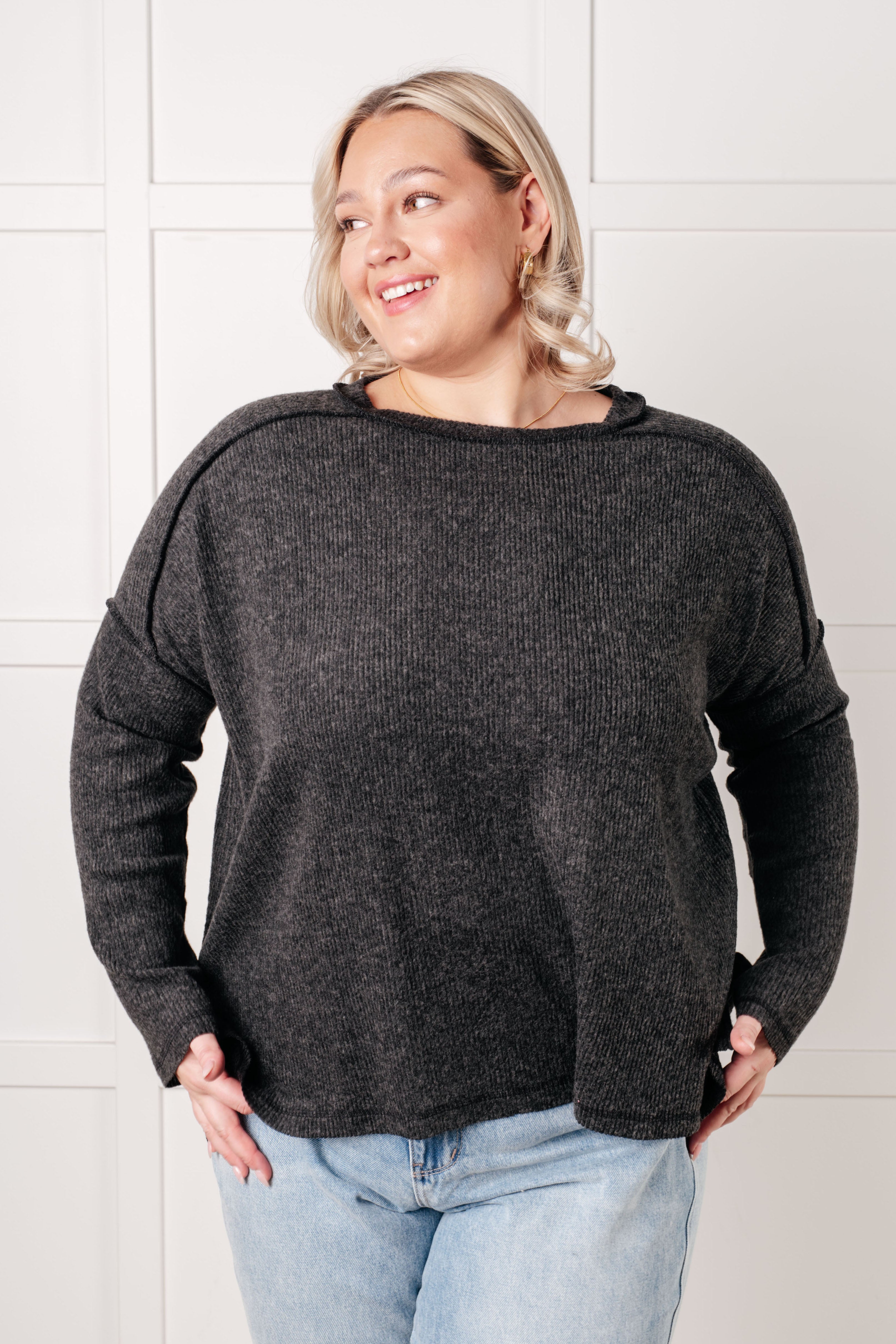 Simply Basic Ribbed Hacci Sweater in Black-Tops-Stay Foxy Boutique, Florissant, Missouri