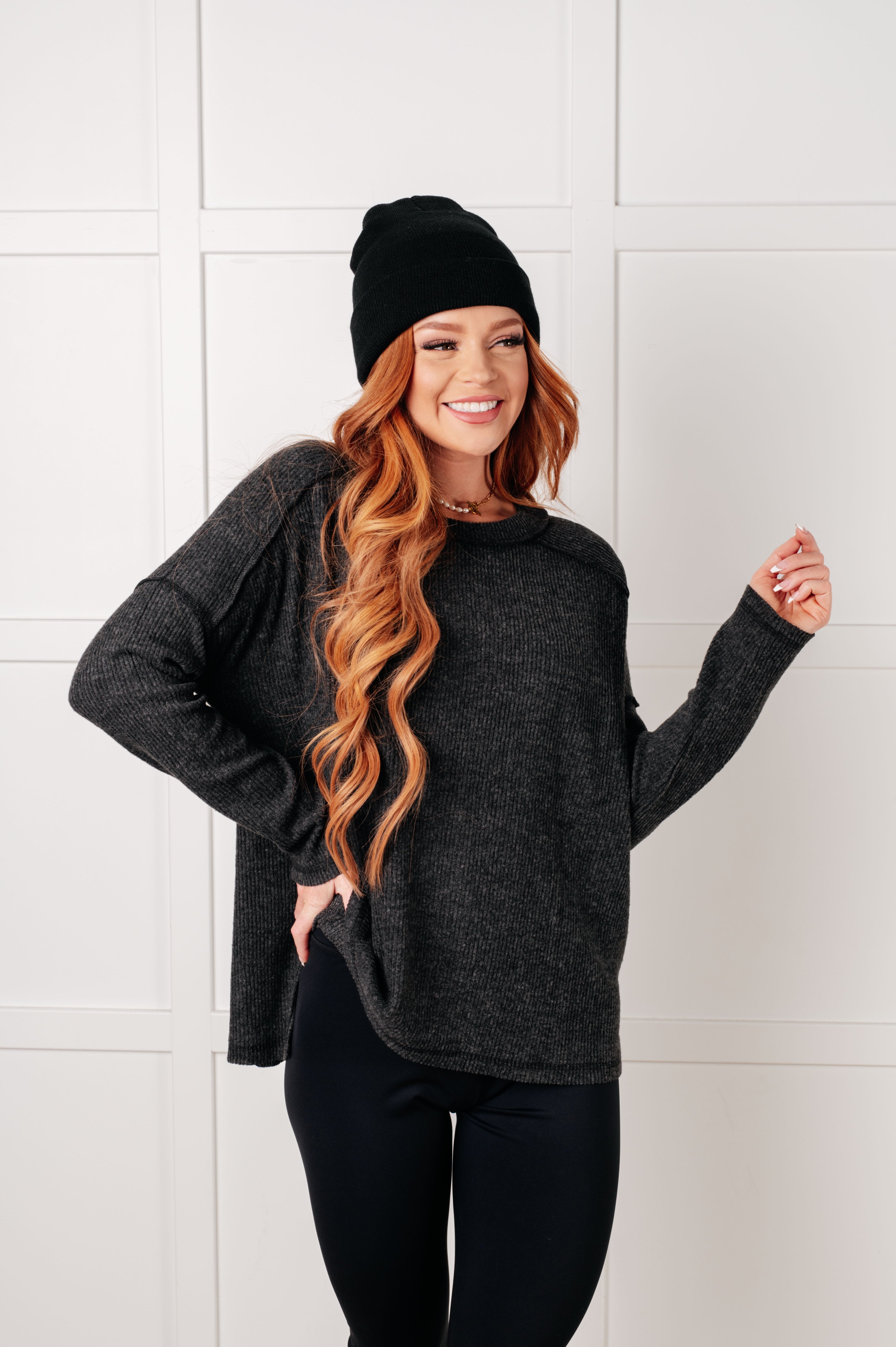 Simply Basic Ribbed Hacci Sweater in Black-Tops-Stay Foxy Boutique, Florissant, Missouri