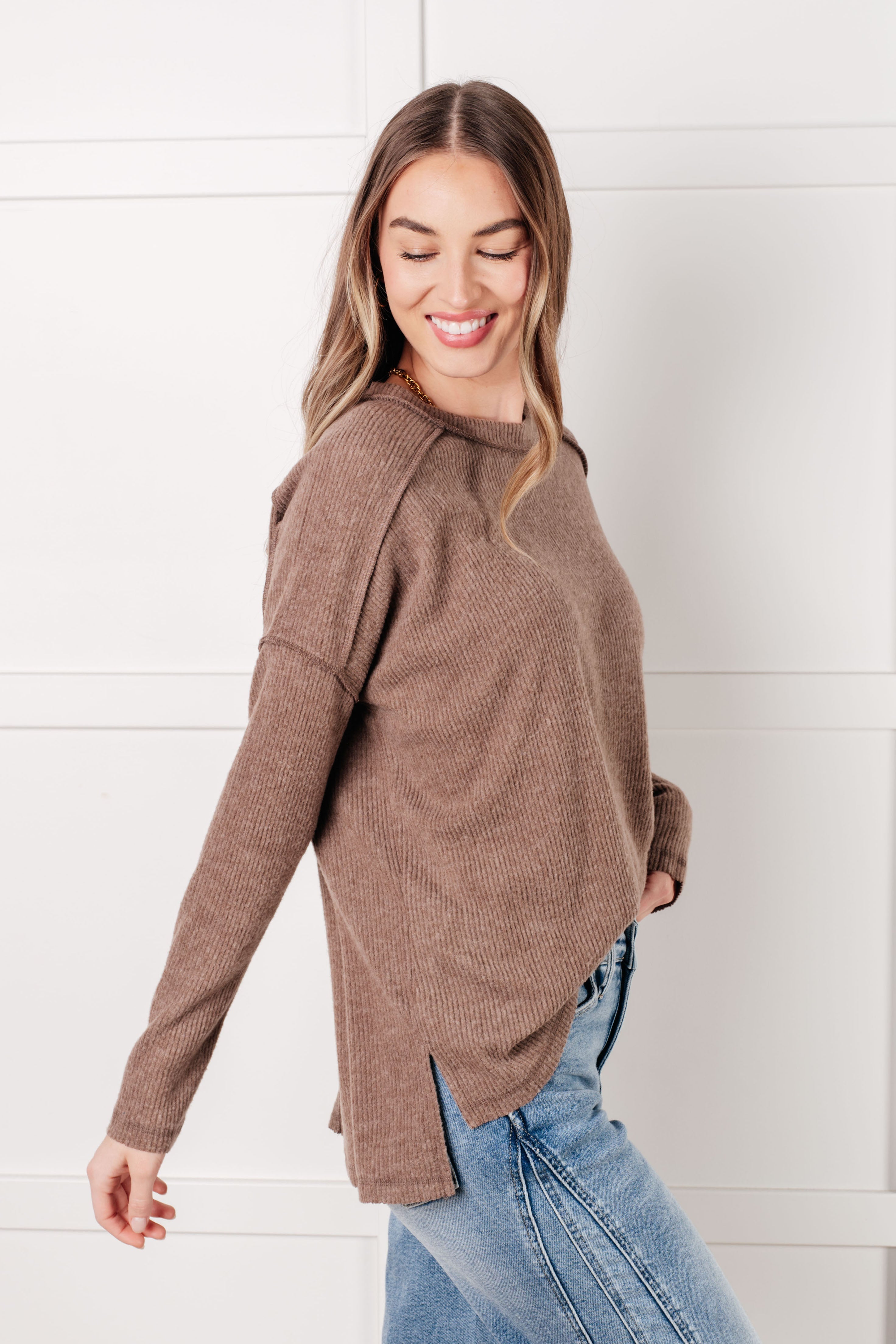 Simply Basic Ribbed Hacci Sweater in Mocha-Tops-Stay Foxy Boutique, Florissant, Missouri