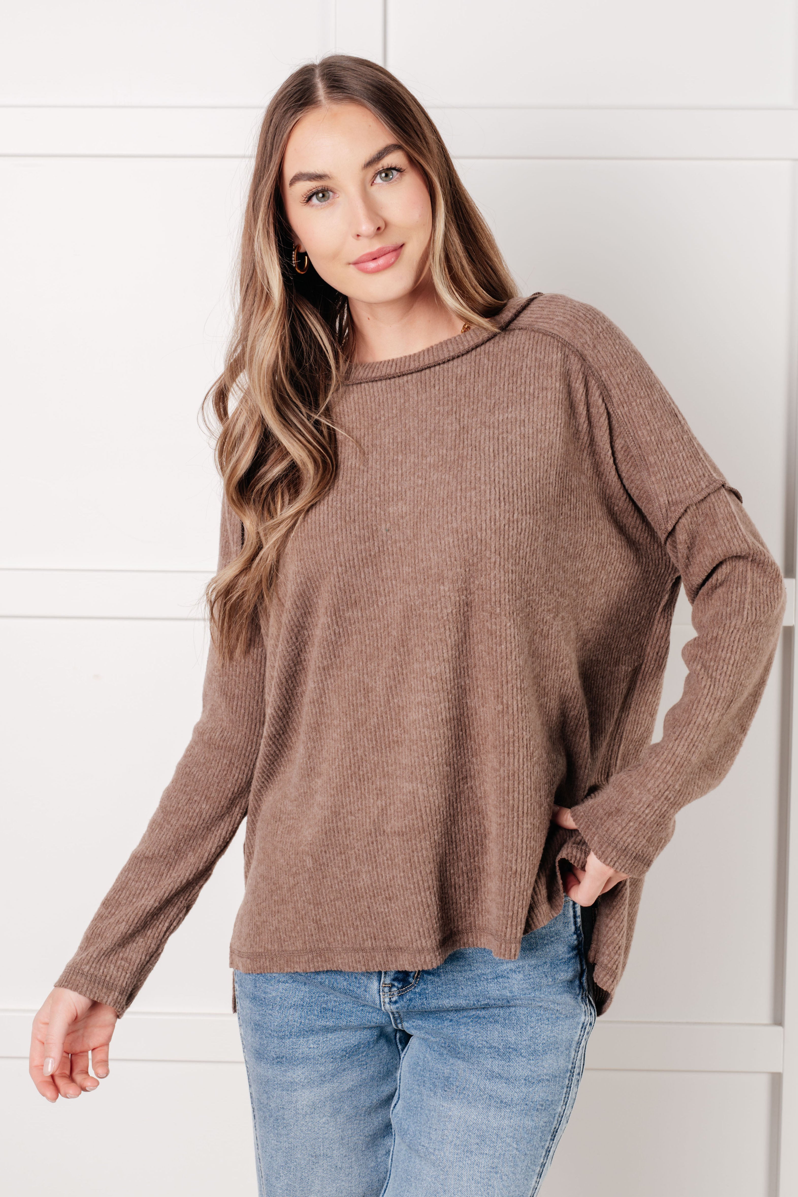 Simply Basic Ribbed Hacci Sweater in Mocha-Tops-Stay Foxy Boutique, Florissant, Missouri