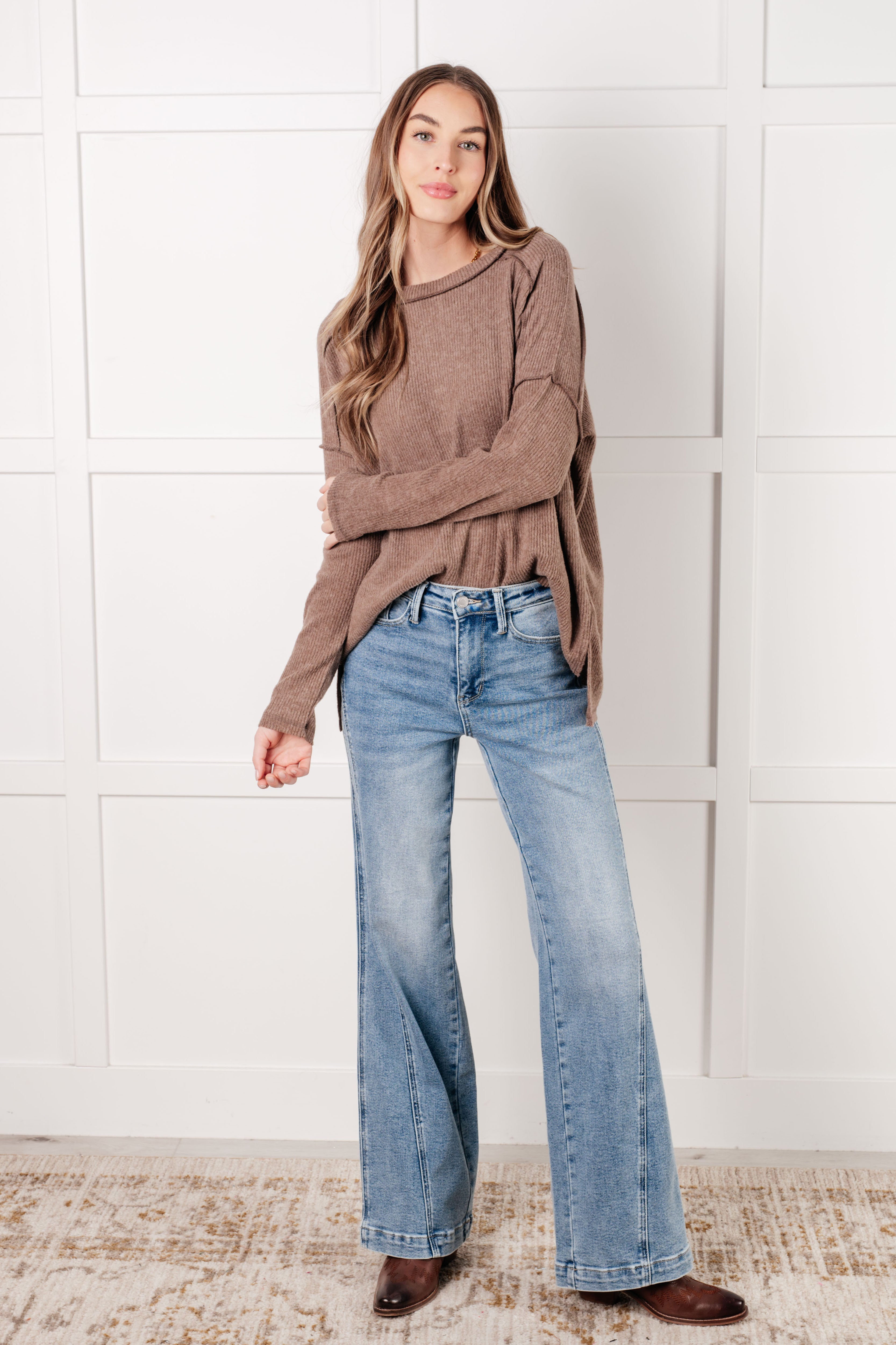 Simply Basic Ribbed Hacci Sweater in Mocha-Tops-Stay Foxy Boutique, Florissant, Missouri