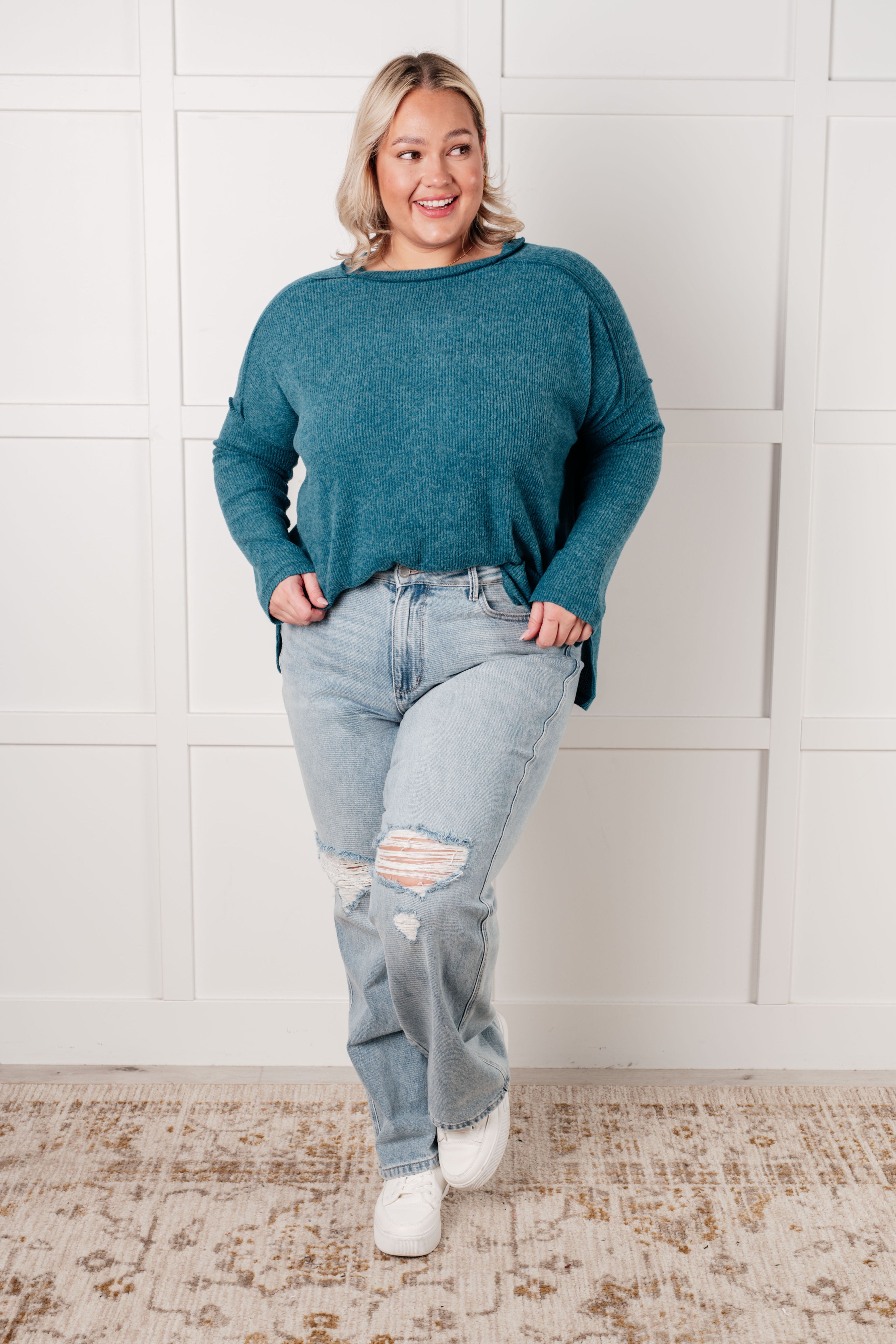 Simply Basic Ribbed Hacci Sweater in Teal-Tops-Stay Foxy Boutique, Florissant, Missouri