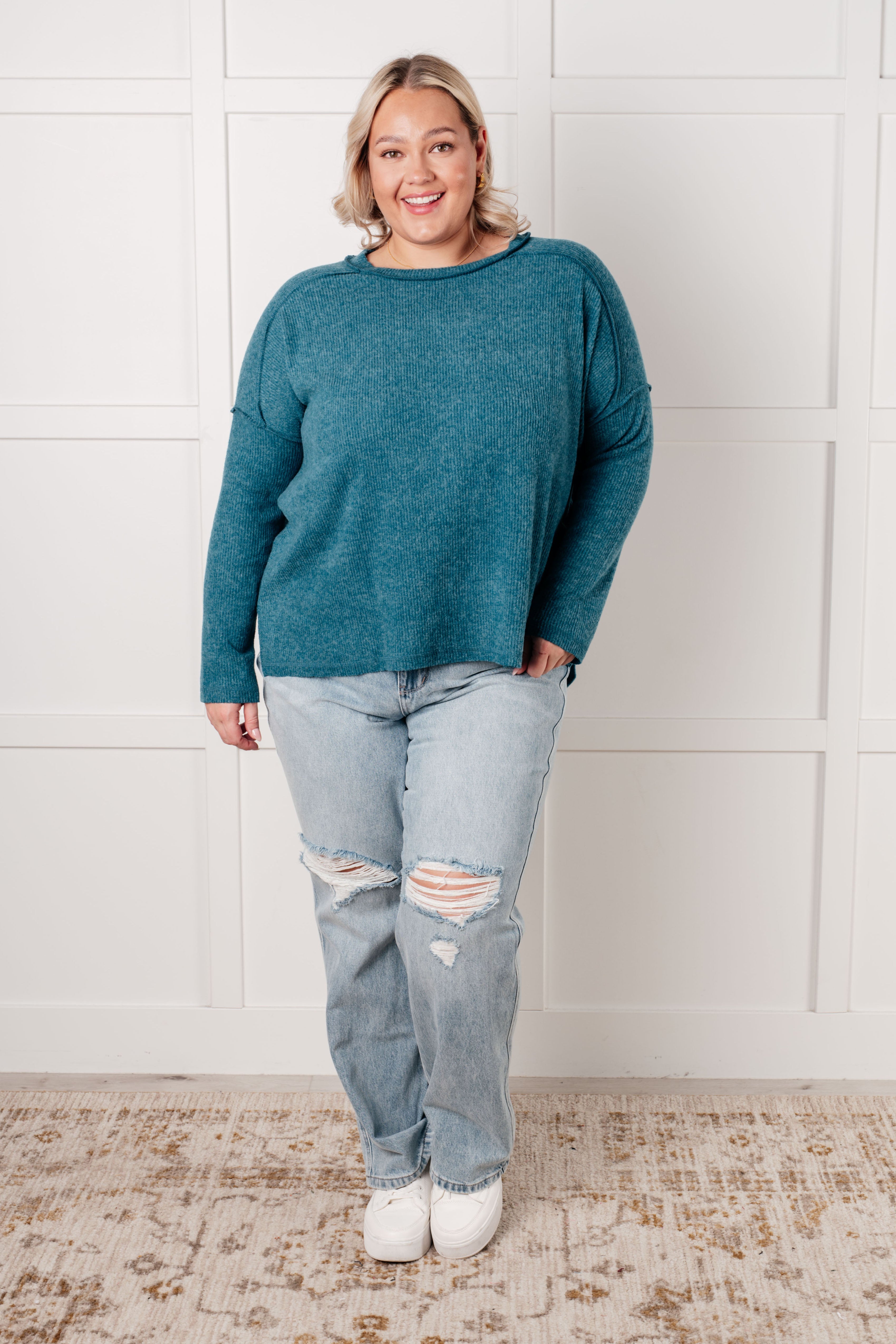 Simply Basic Ribbed Hacci Sweater in Teal-Tops-Stay Foxy Boutique, Florissant, Missouri