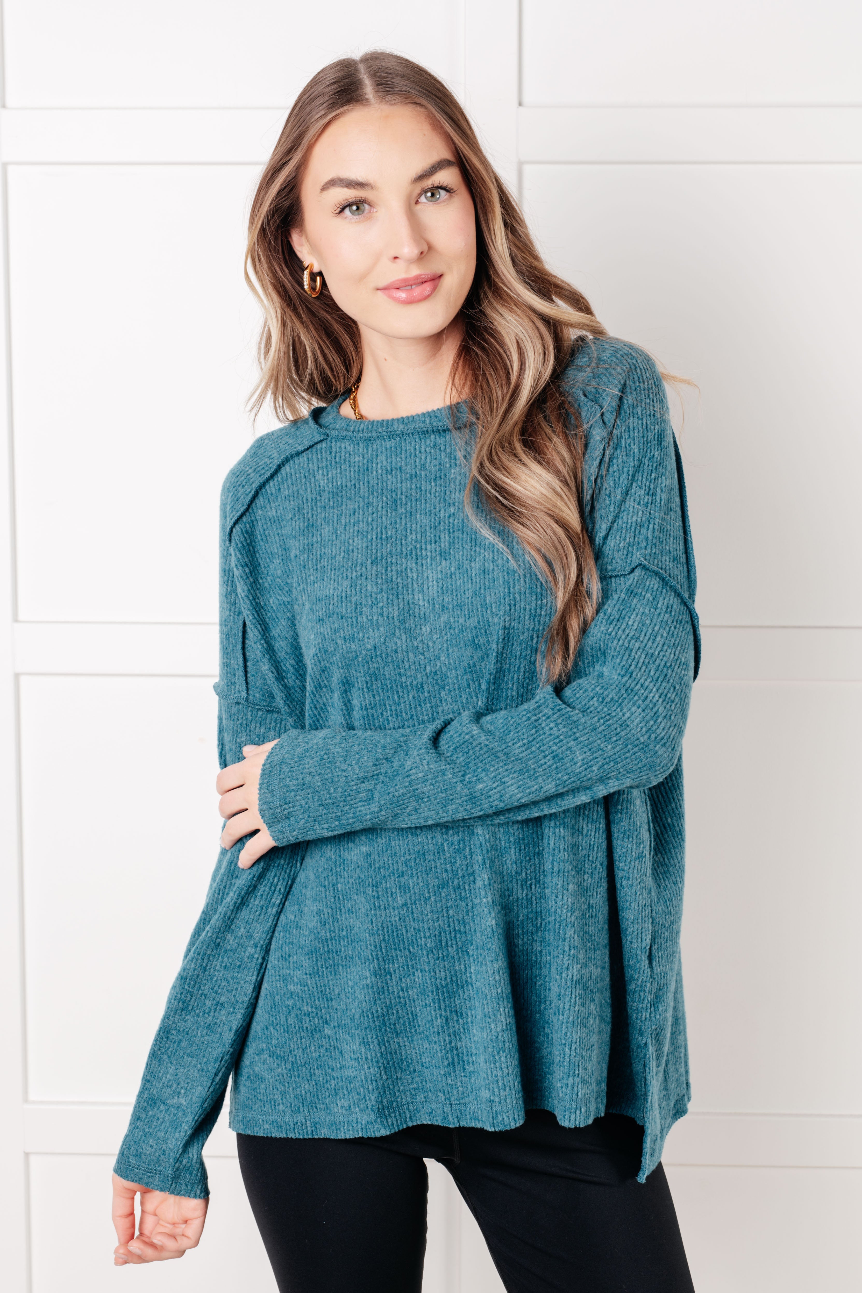 Simply Basic Ribbed Hacci Sweater in Teal-Tops-Stay Foxy Boutique, Florissant, Missouri