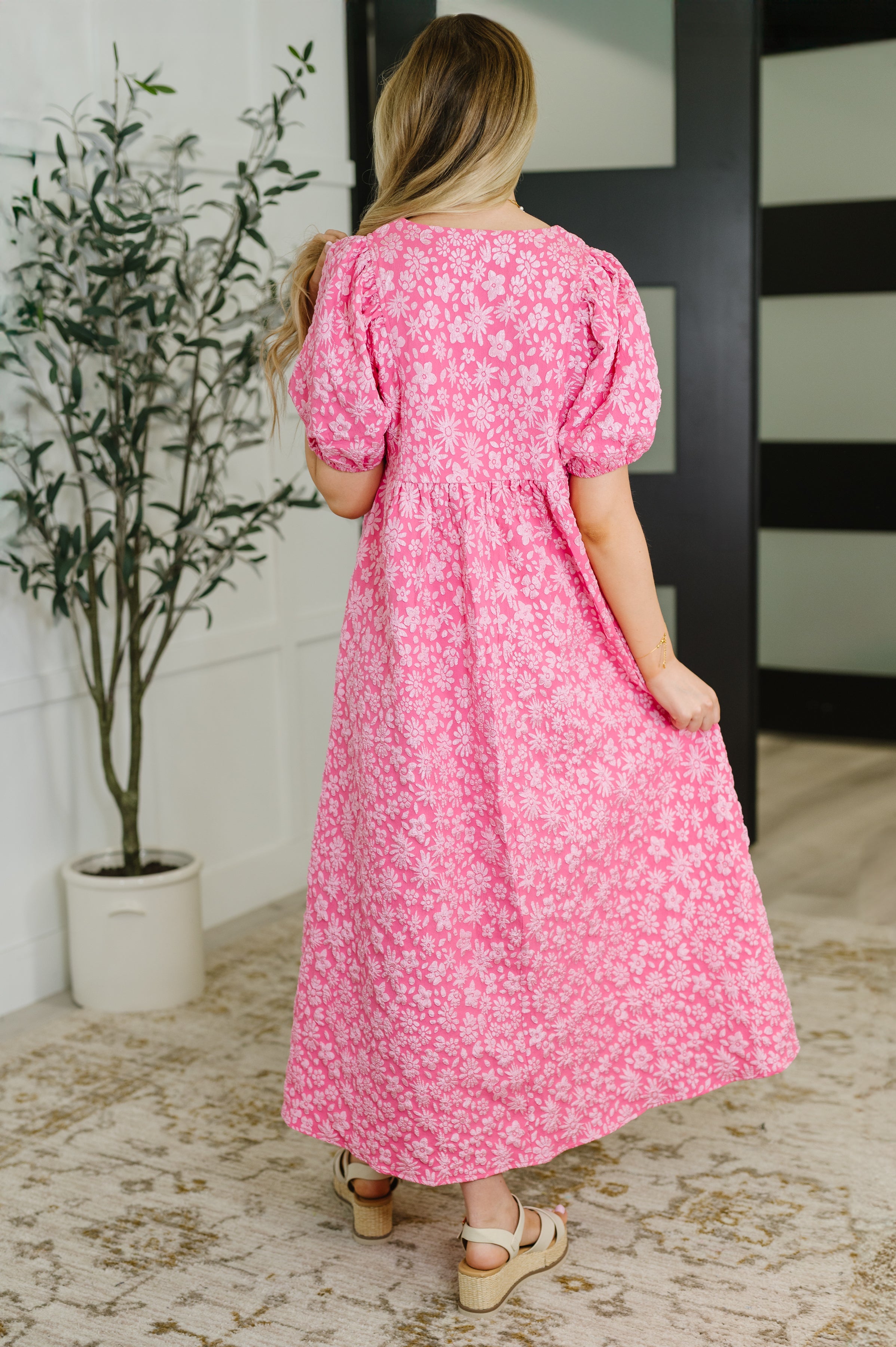 Softly Spoken Textured V-Neck Dress in Hot Pink-Womens-Stay Foxy Boutique, Florissant, Missouri