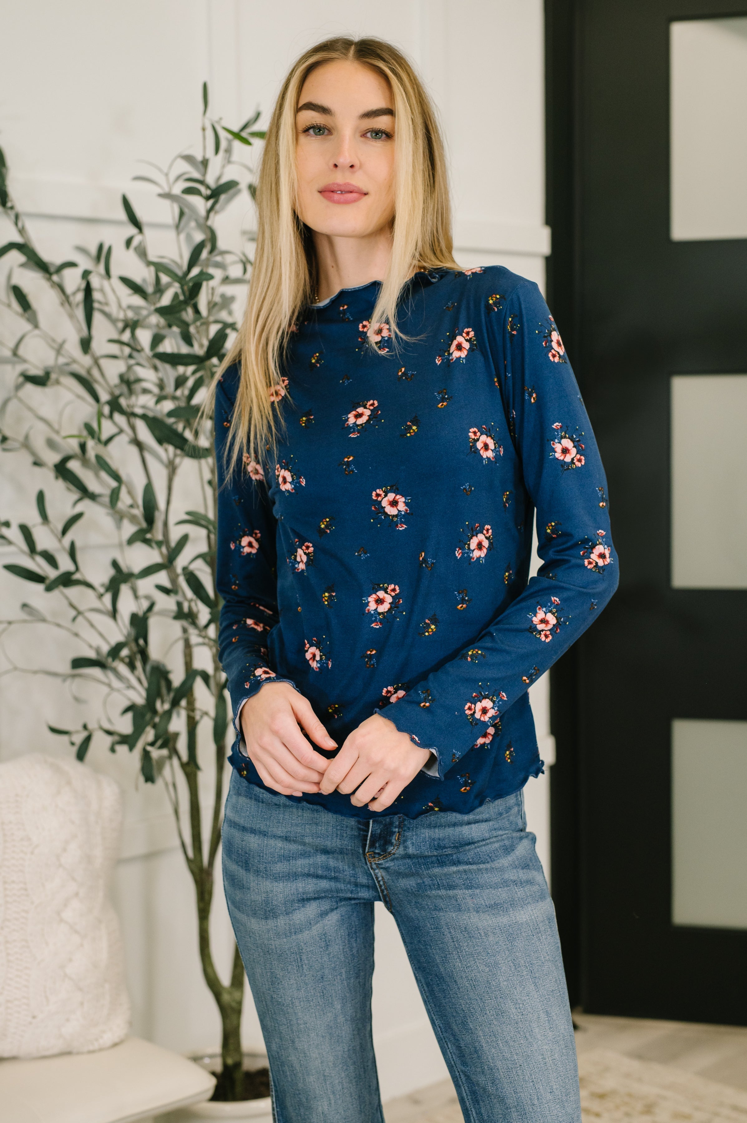 Something in the Air Lettuce Hem Longsleeve Top in Navy-Womens-Stay Foxy Boutique, Florissant, Missouri