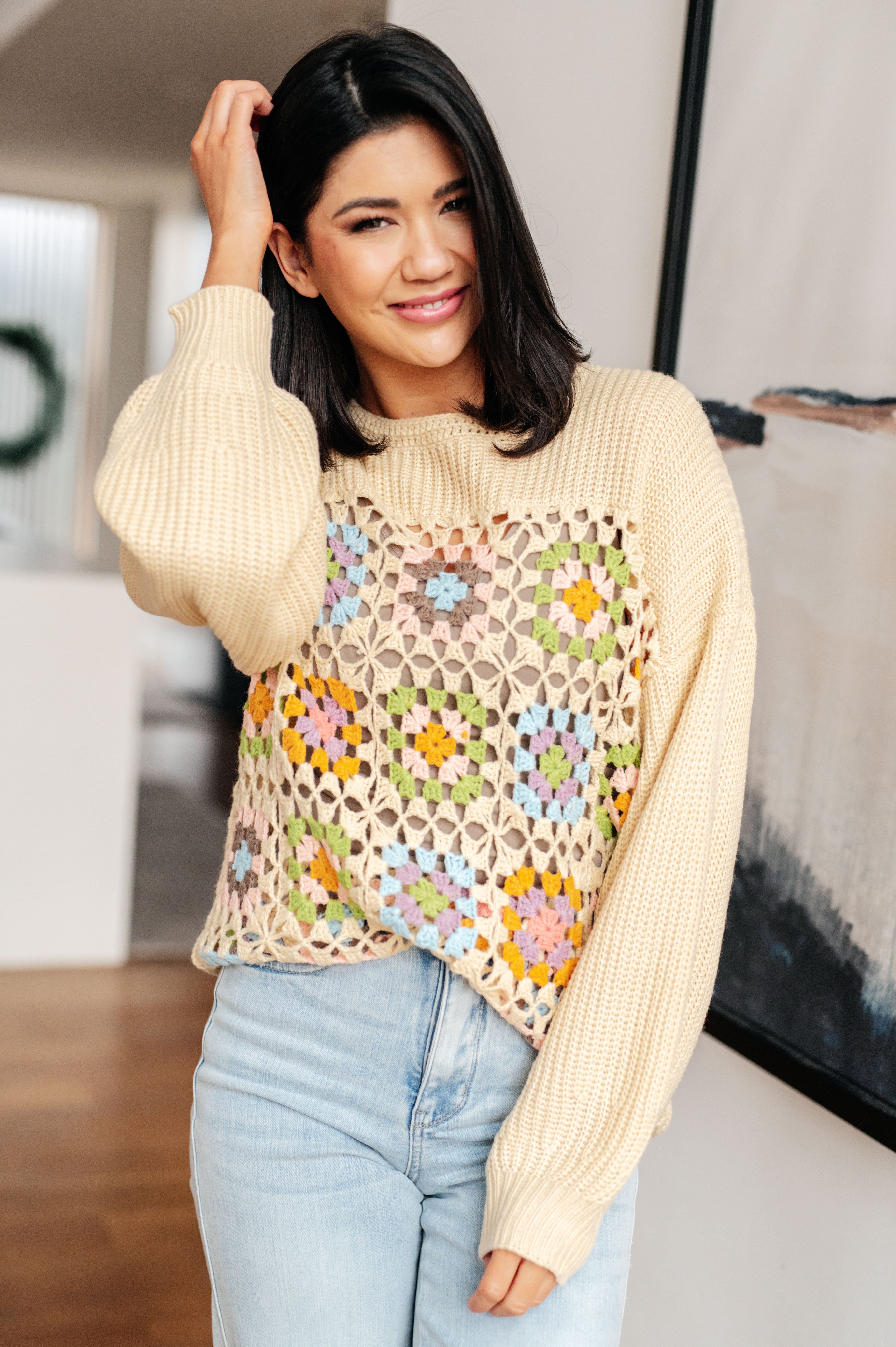 Square Dance Granny Square Sweater-Tops-Stay Foxy Boutique, Florissant, Missouri