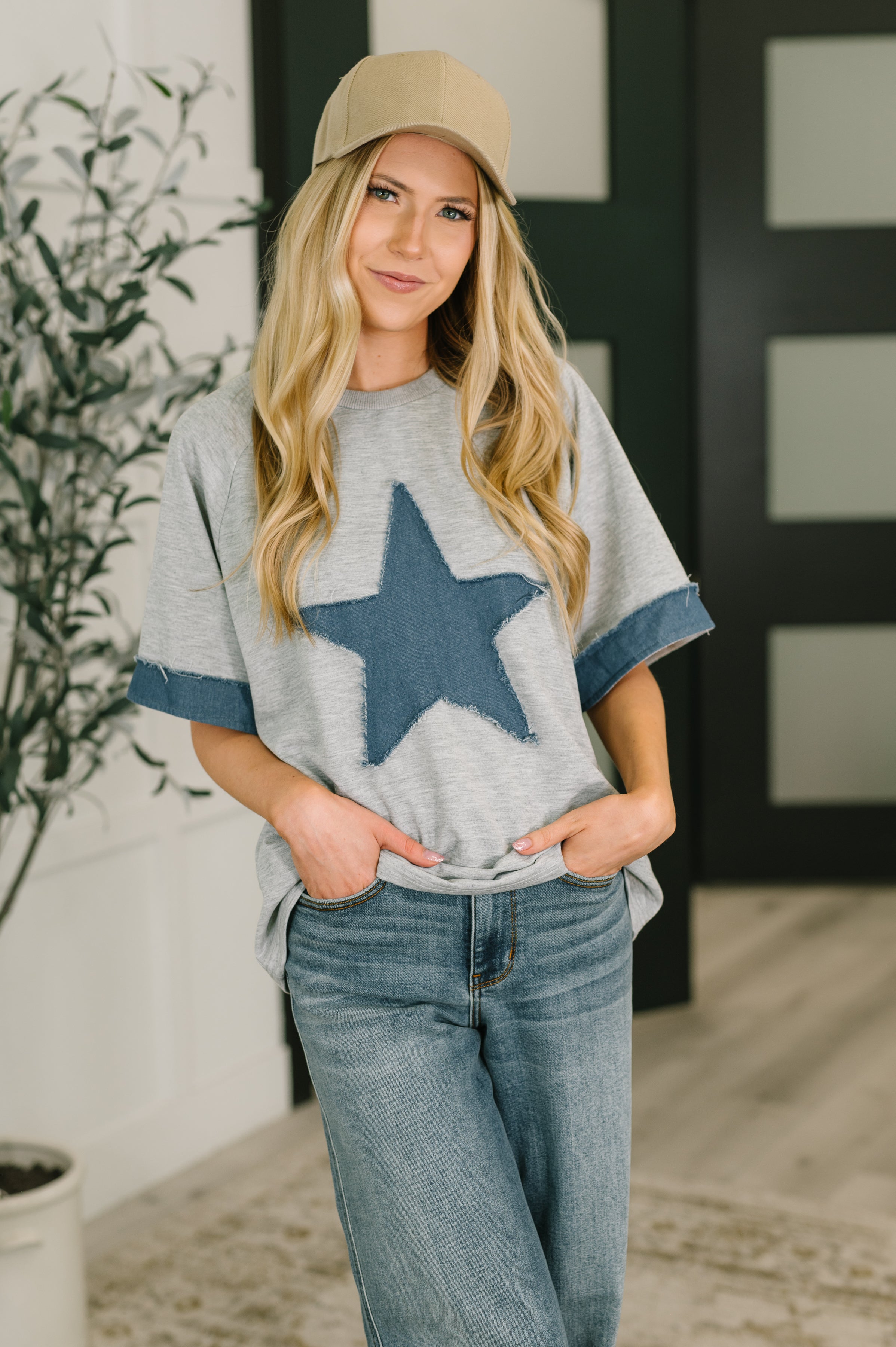 Star Stud Distressed Applique Top-Womens-Stay Foxy Boutique, Florissant, Missouri