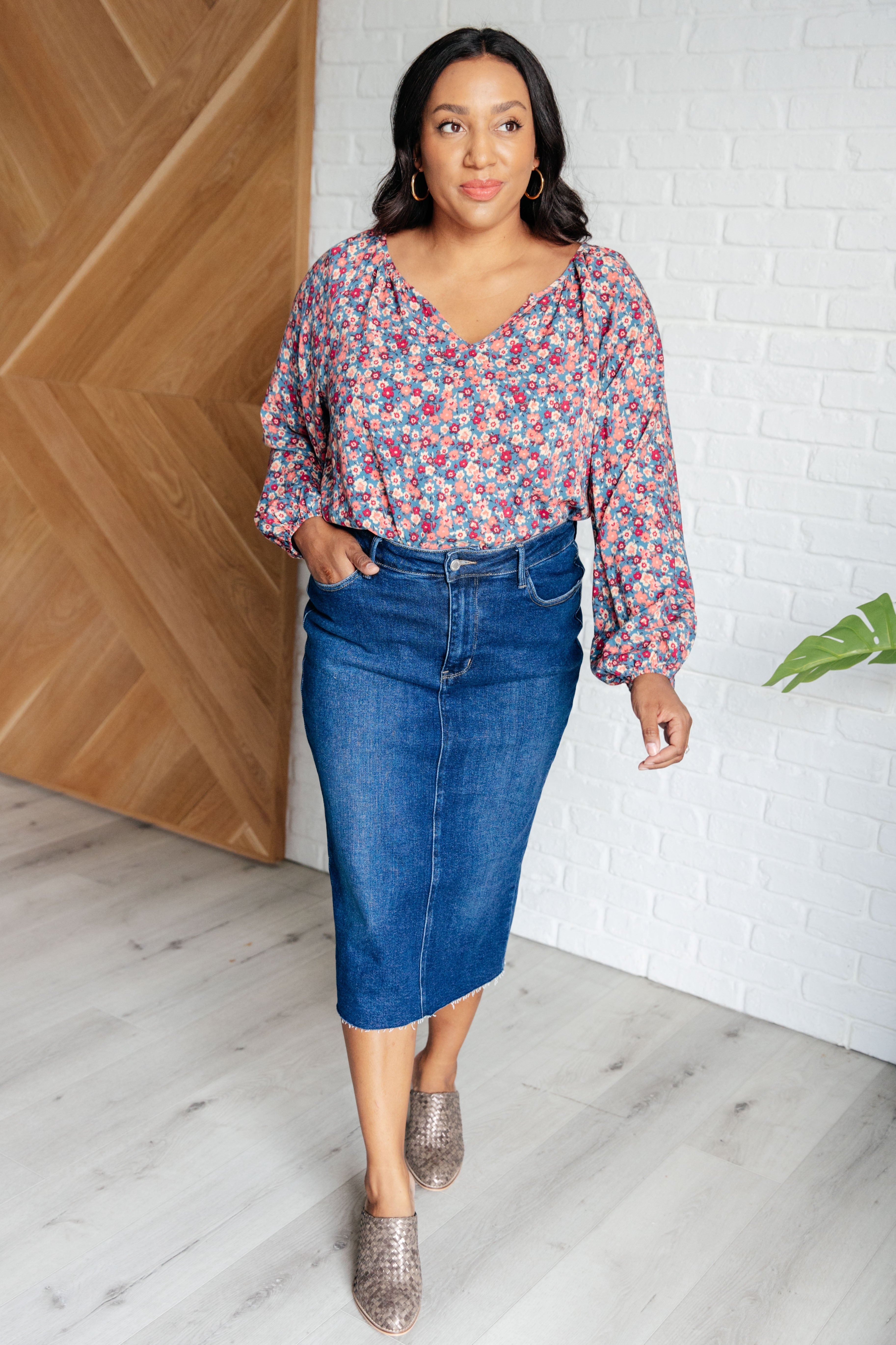 Sunday Brunch Blouse in Denim Floral-Tops-Stay Foxy Boutique, Florissant, Missouri