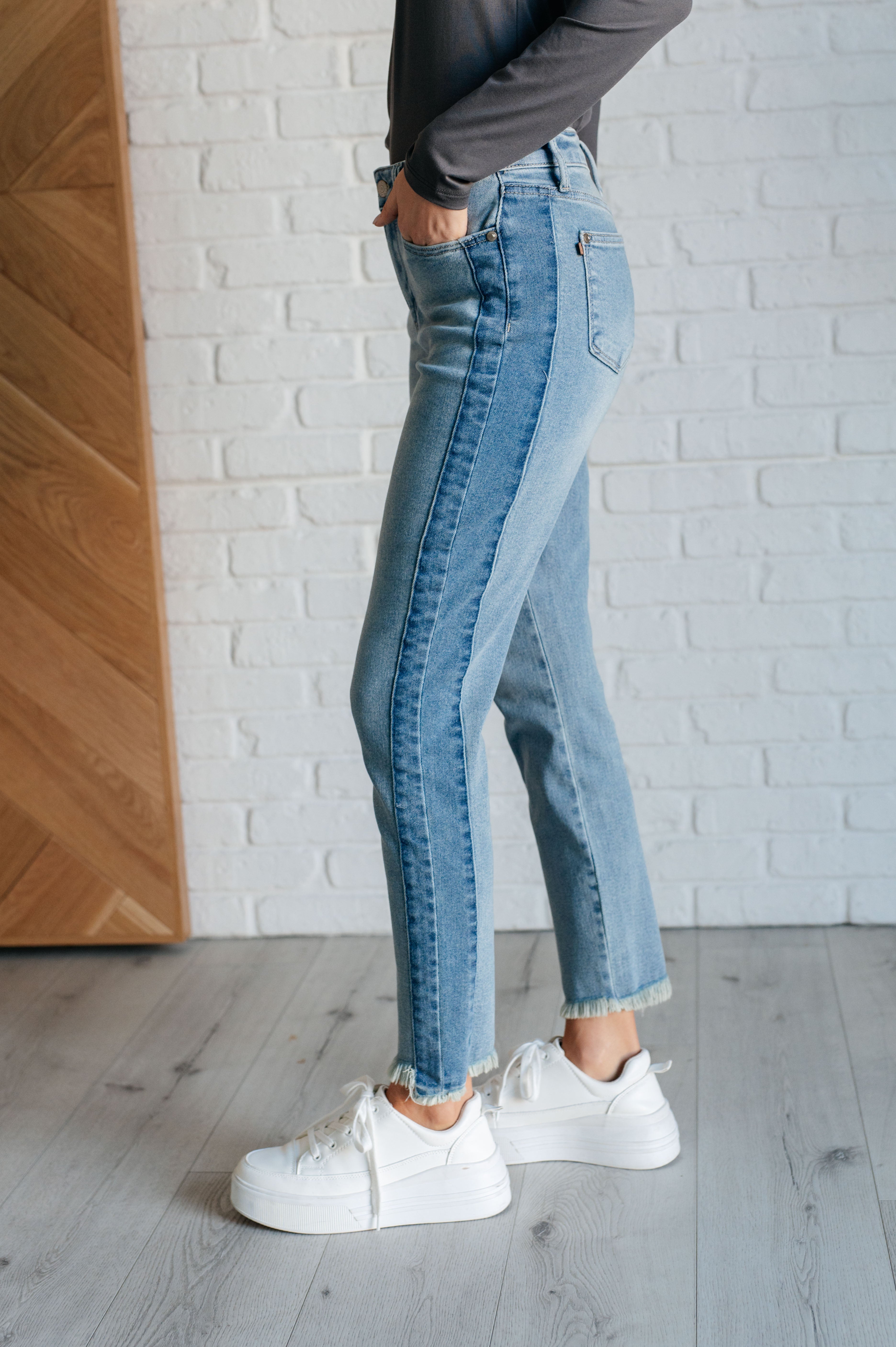 Susan High Rise Side Panel Detail Slim Jeans-Denim-Stay Foxy Boutique, Florissant, Missouri